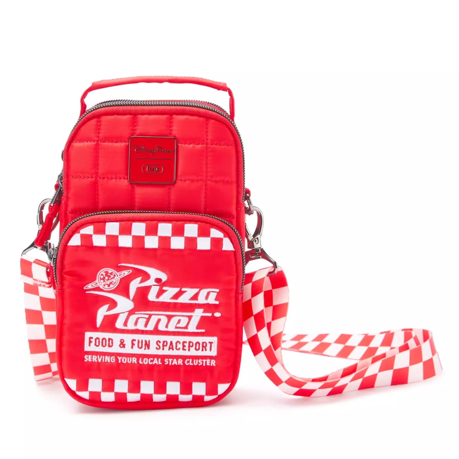 Red Pizza Planet crossbody bag with checkered strap and white logo, Toy Story-inspired, seen in Disney parks, on white background.