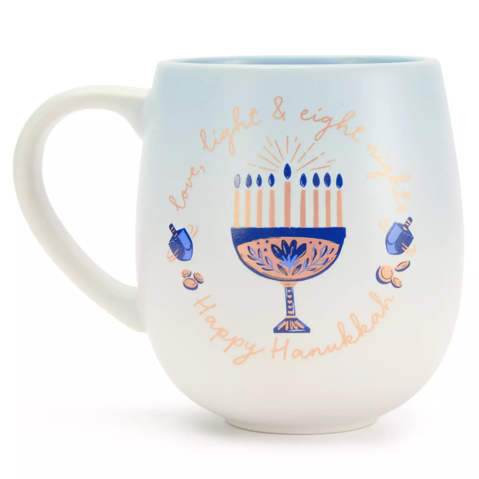 White mug with blue and gold menorah, dreidels, and coins—ideal Hanukkah merch for Disney park fans, Minnie or Mickey lovers alike.