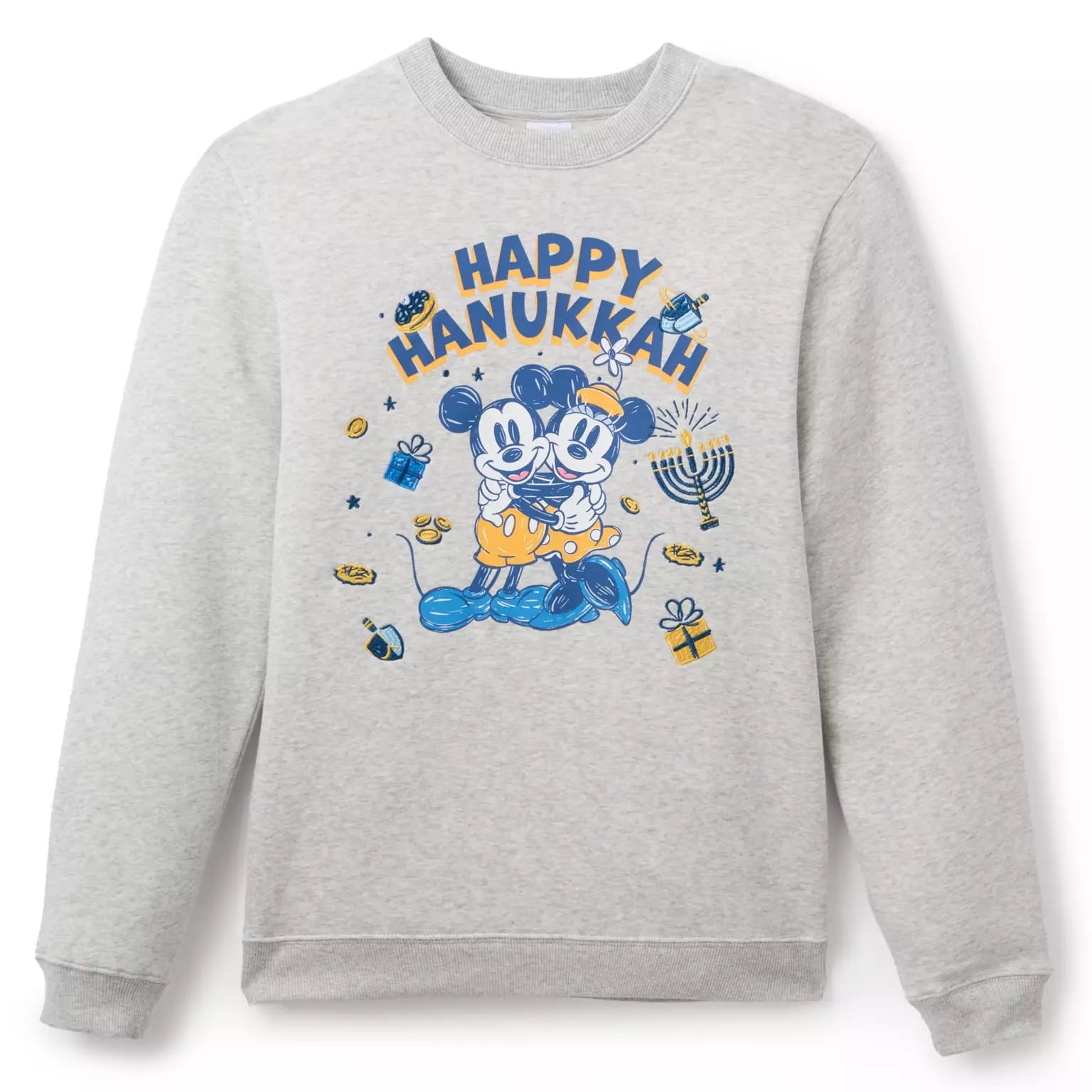 Gray sweatshirt with Mickey and Minnie Mouse amid Hanukkah icons—Disney Parks-style festive Hanukkah apparel