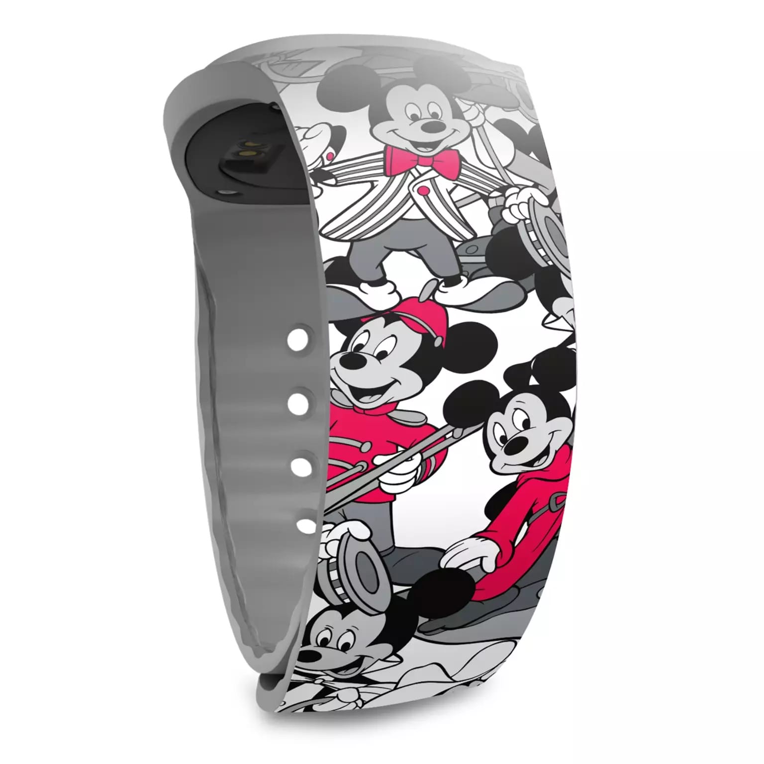 A gray Disney Store-Exclusive wristband featuring Mickey Mouse in red and black marching band outfits.