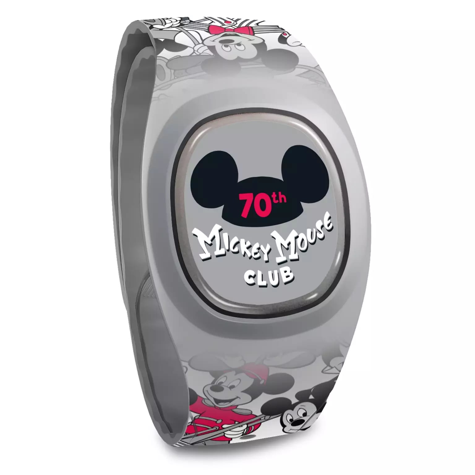 Gray wristband featuring Spirit Jersey style and "Mickey Mouse Club 70th Anniversary" text in black, red, and white.