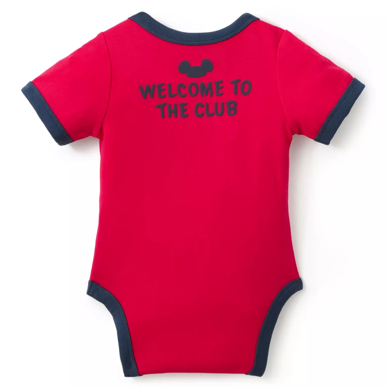 Red baby onesie with black trim, “Welcome to the Club” and a mouse silhouette—Disney Store-Exclusive Spirit Jersey.