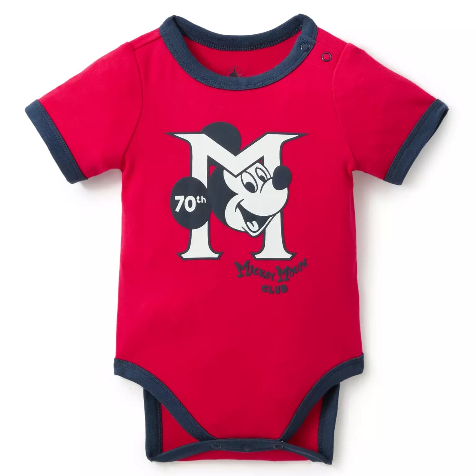 Red baby onesie with navy trim, Disney Store-Exclusive Spirit Jersey, featuring Mickey Mouse Club 70th Anniversary design.