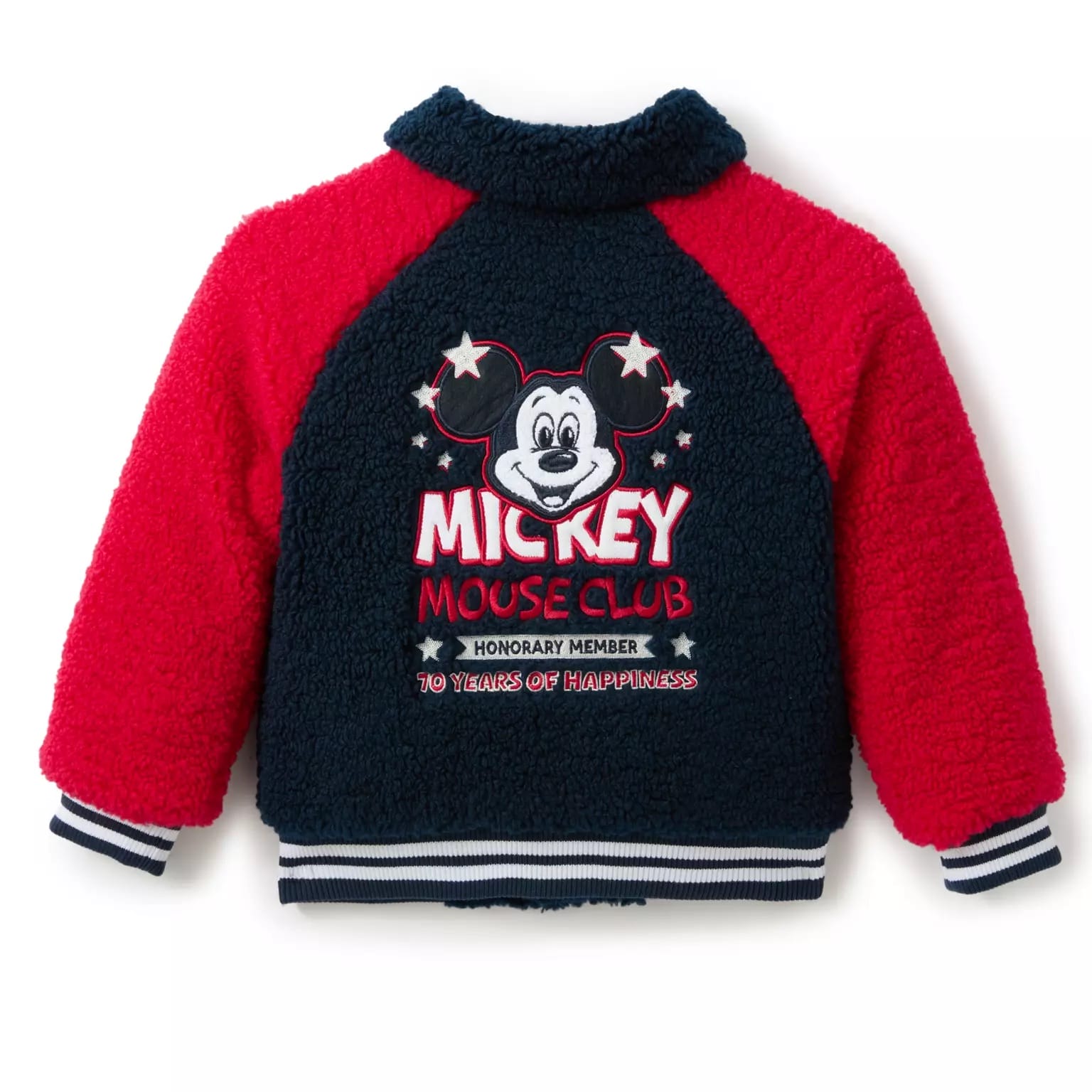 Red and navy blue fleece Spirit Jersey with Mickey Mouse graphic and "Mickey Mouse Club" text on the back. Disney Store-Exclusive.