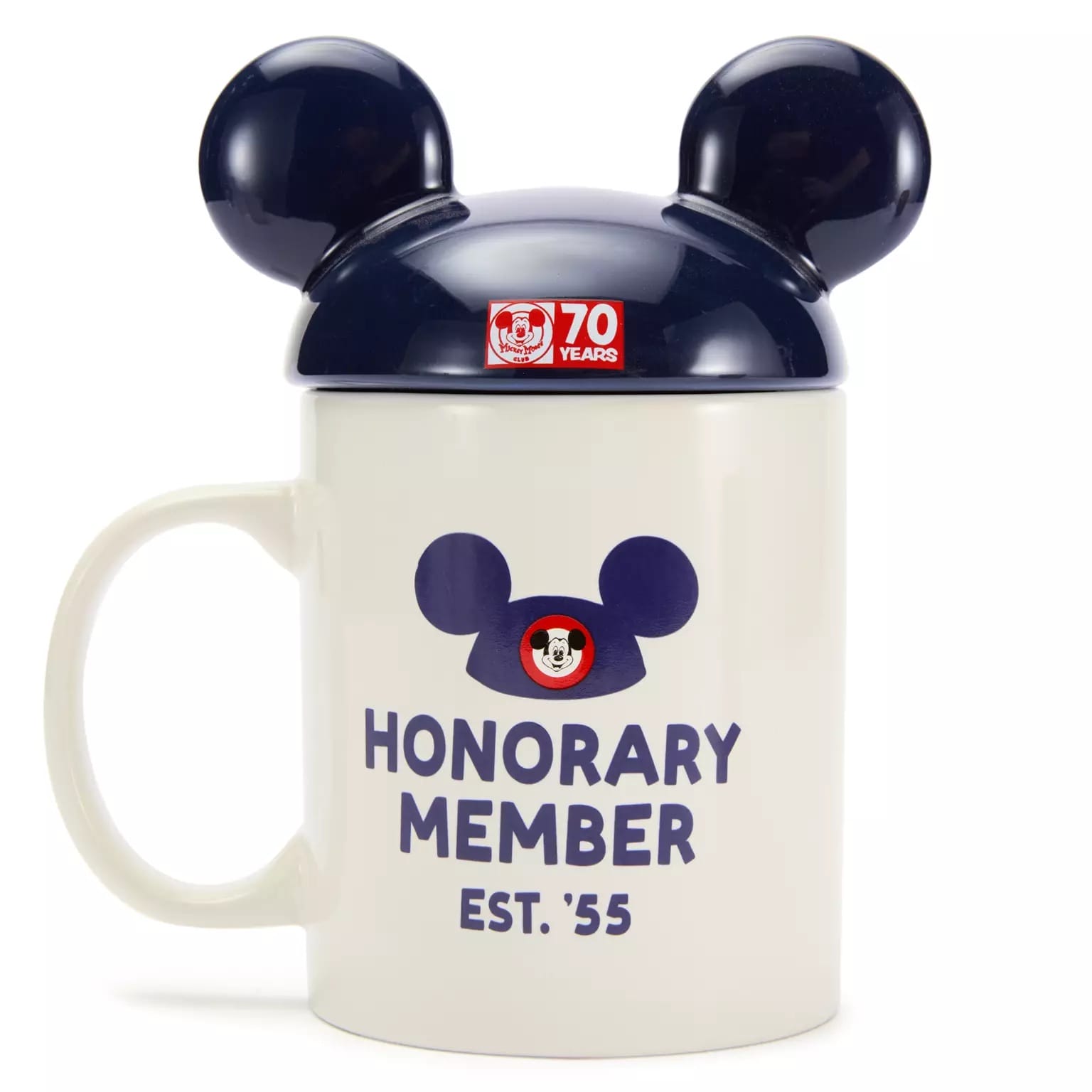 White mug with Mickey Mouse ears lid, “Honorary Member Est. '55”—a Disney Store-Exclusive for the Mickey Mouse Club 70th Anniversary.