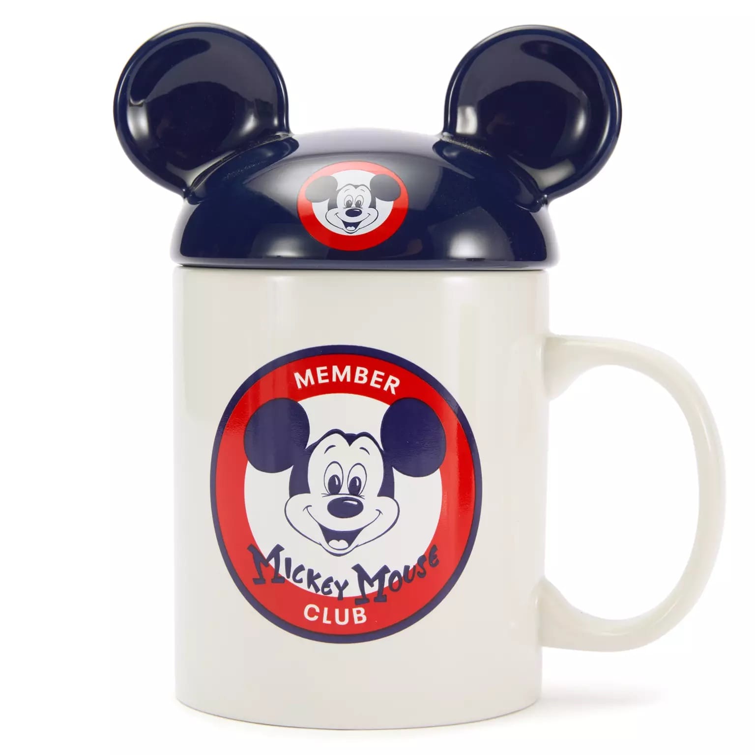 White mug with "Mickey Mouse Club" logo, navy Mickey ears lid—Disney Store-Exclusive for the 70th Anniversary!