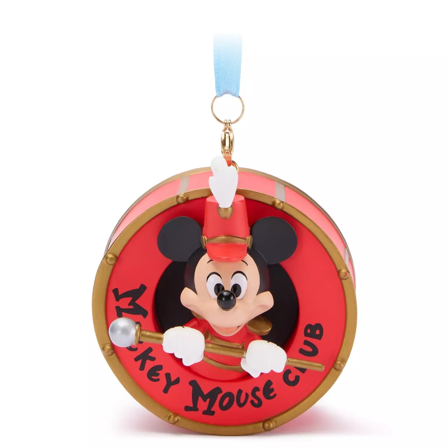Mickey Mouse Club drum major ornament from Disney Store, hanging by a blue ribbon.