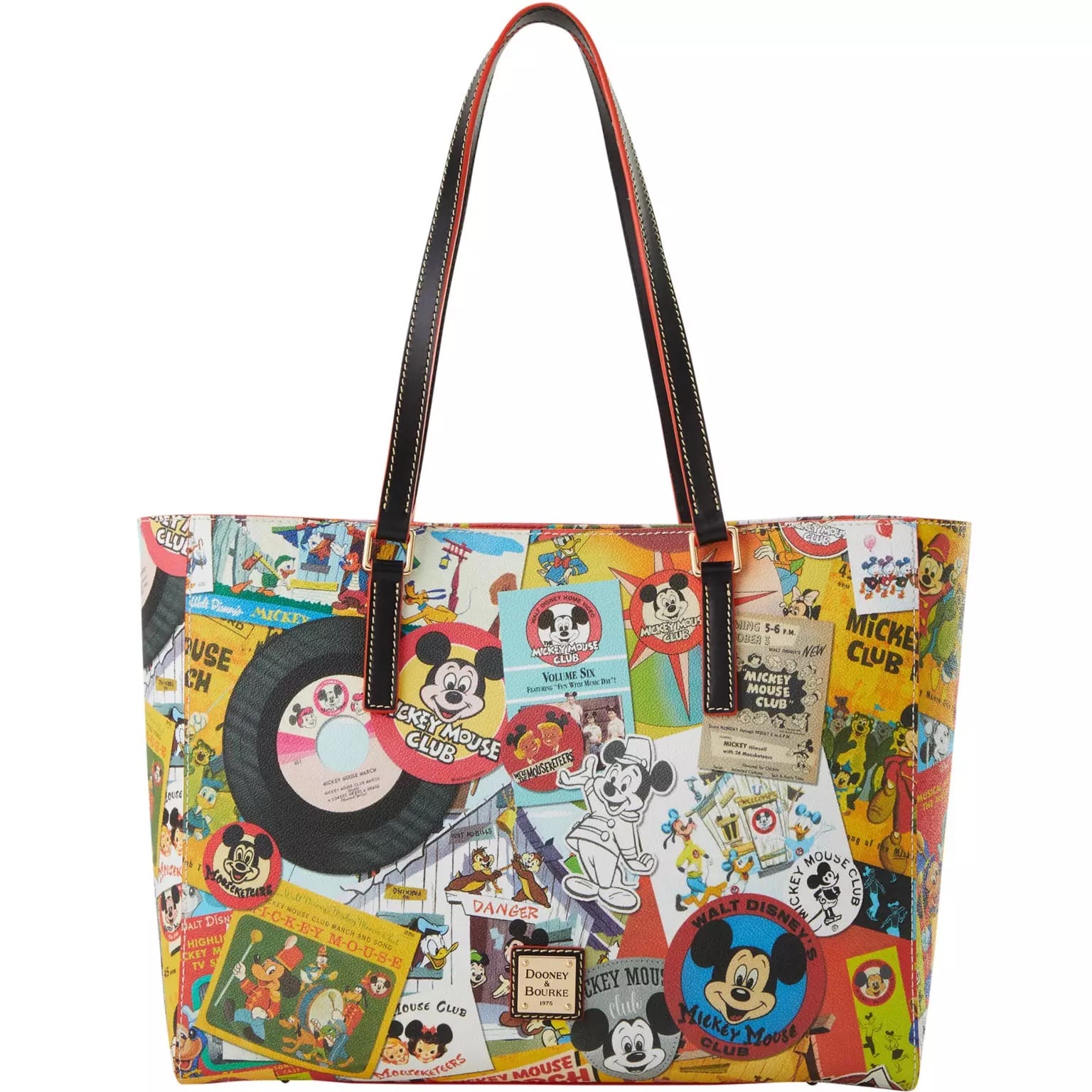Colorful tote bag with vintage Mickey Mouse Club stickers, black handles, and Disney Store-Exclusive details.