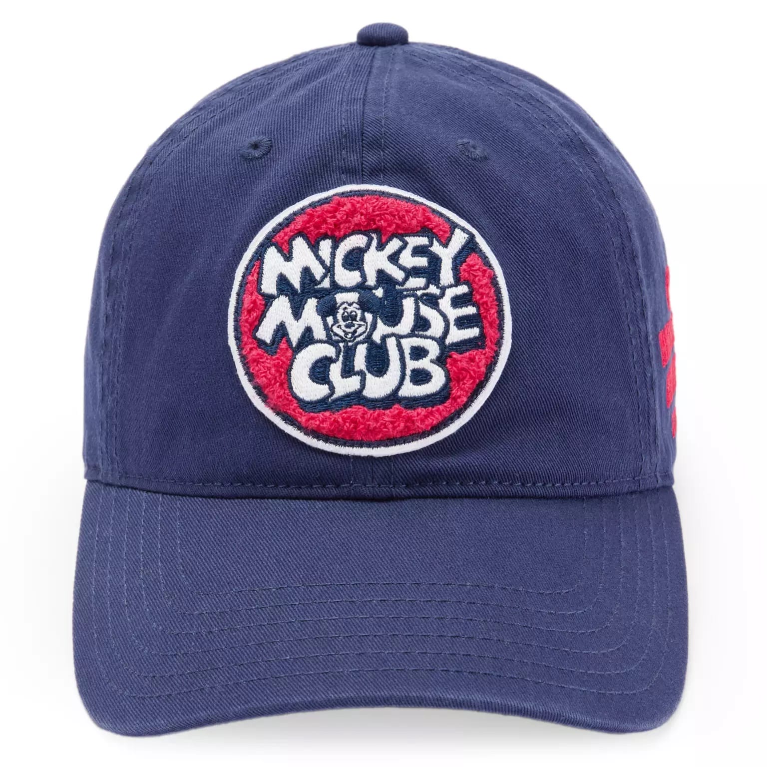 A navy blue baseball cap with a red and white "Mickey Mouse Club" patch, found at the Disney Store.