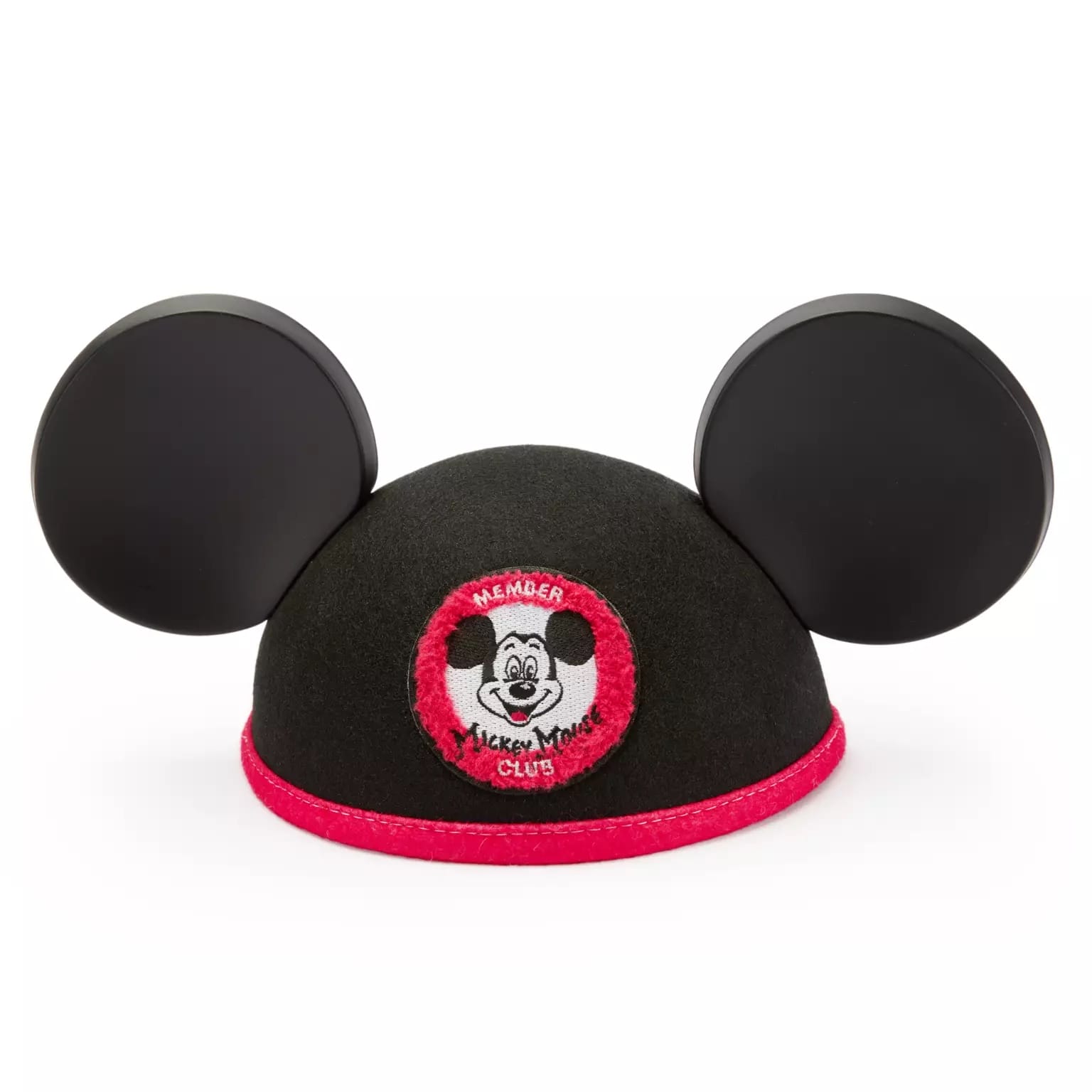 Black Mickey Mouse ear hat with red rim, a Mickey Mouse Club patch, and exclusive Disney Store detailing on the front.