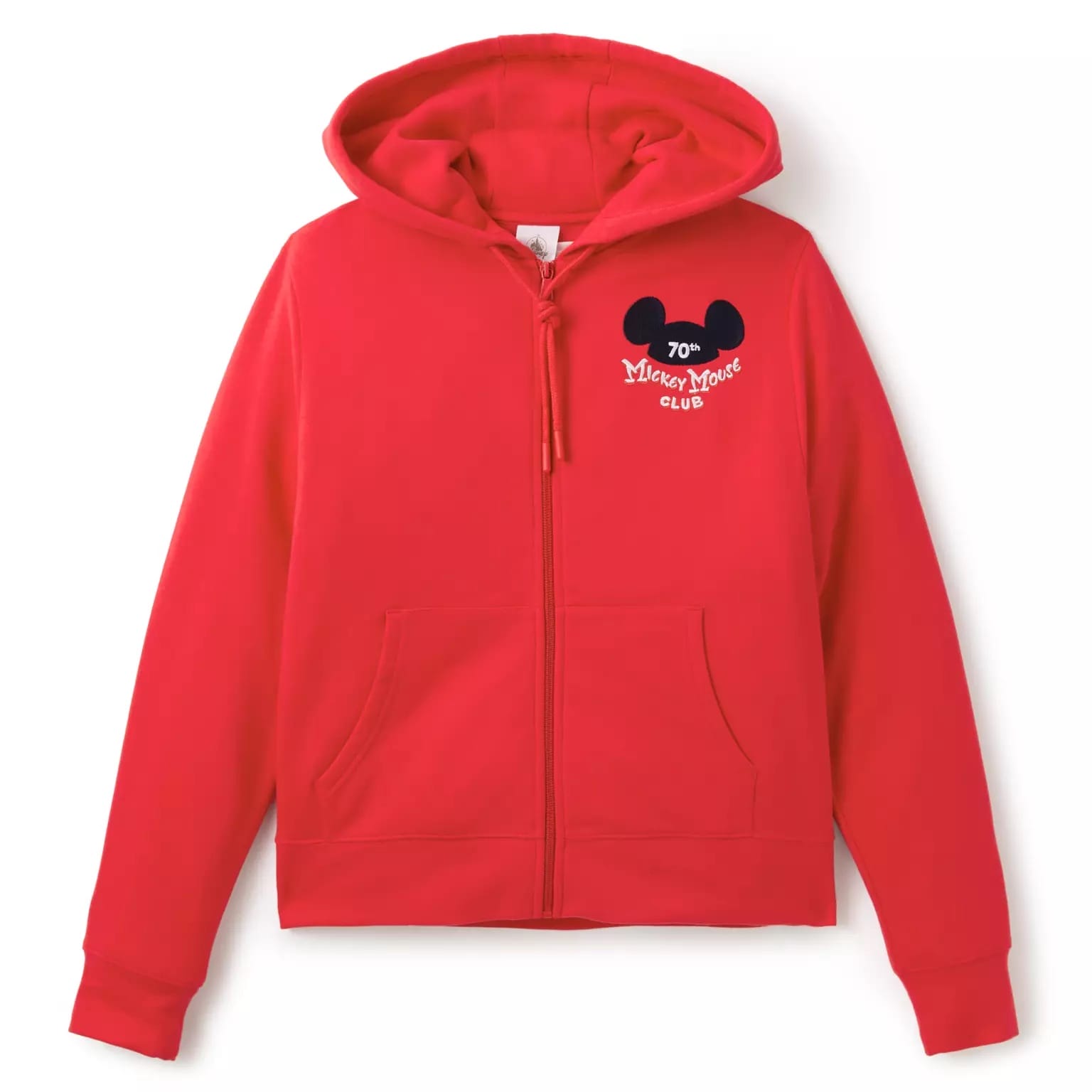 Red zip-up hoodie with front pockets and hood, featuring a Disney Store-Exclusive "70th Mickey Mouse Club" logo on the chest.