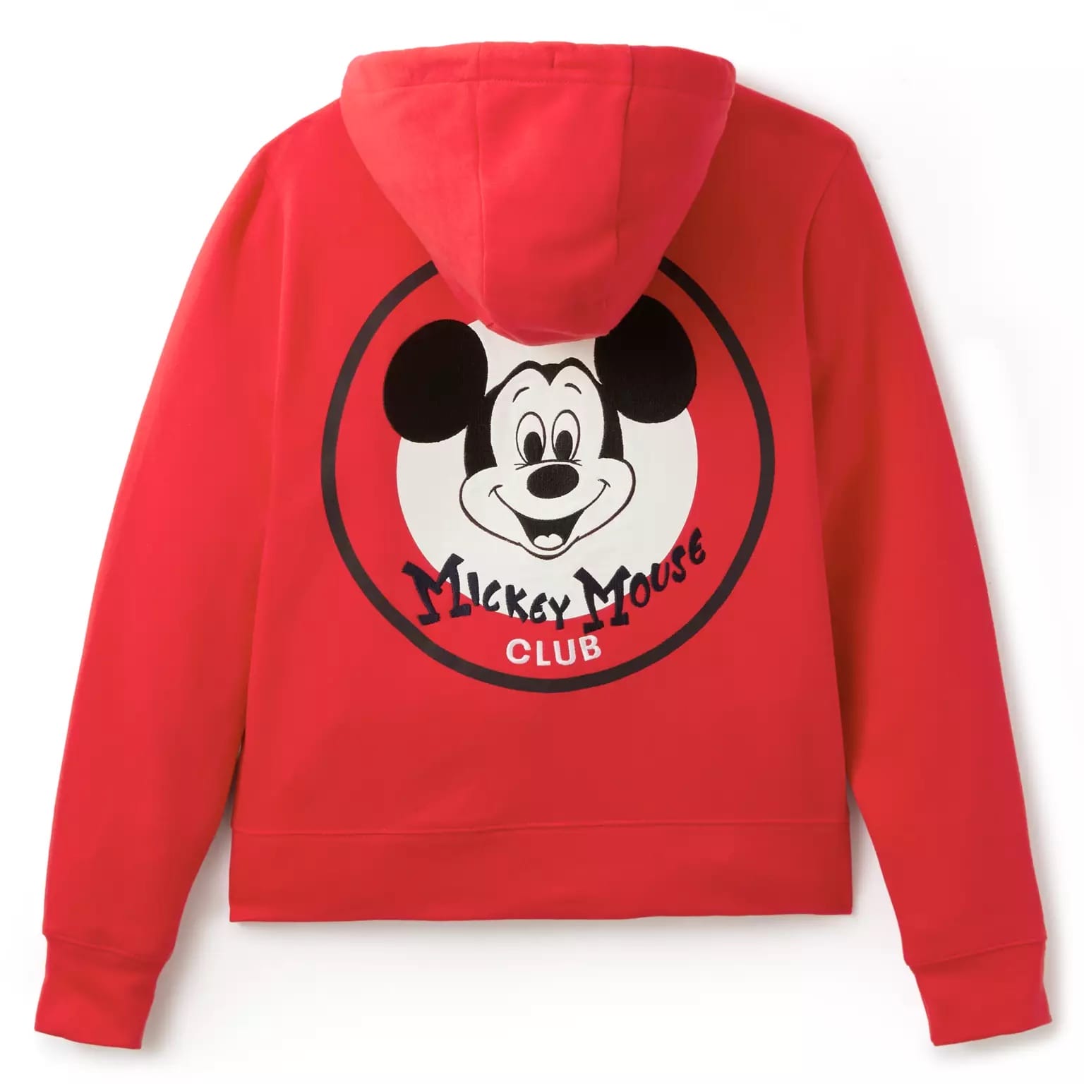Red Spirit Jersey hoodie with Disney’s Mickey Mouse Club logo and a large smiling Mickey Mouse graphic on the back.