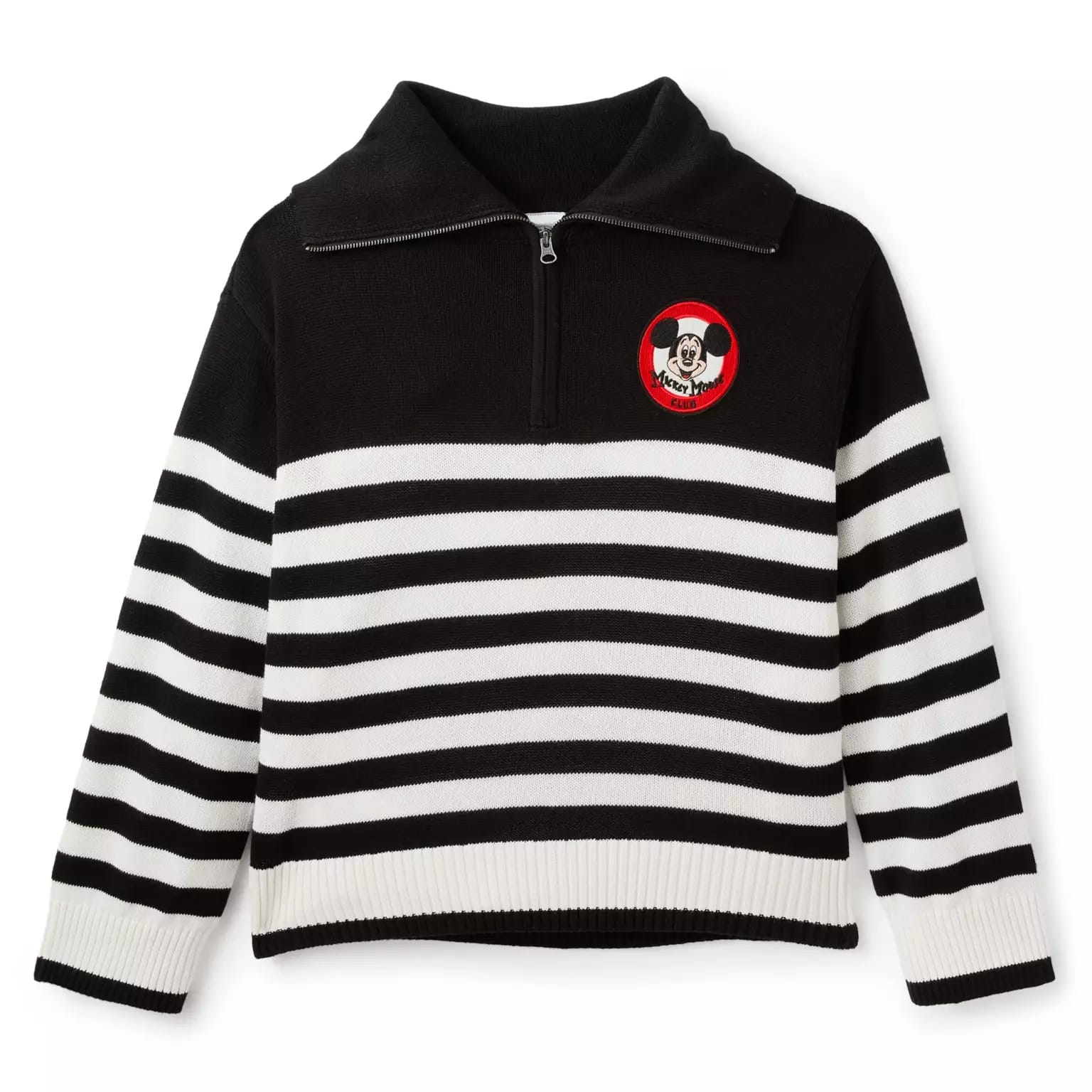 Black and white striped Spirit Jersey with half-zip collar and red Mickey Mouse Club 70th Anniversary patch on the chest.