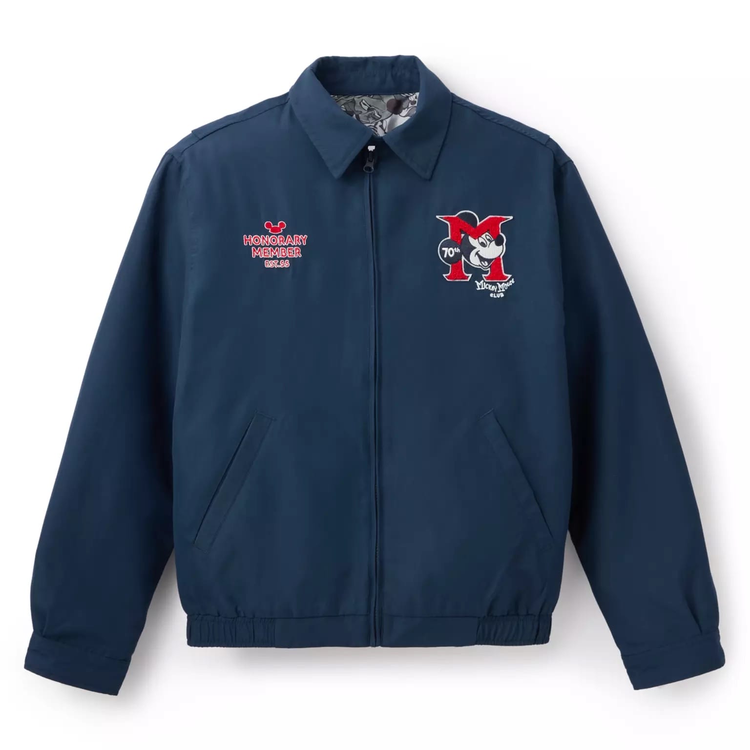 Navy blue zip-up jacket with cartoon mouse, “M” patches, and Disney Store-Exclusive Mickey Mouse Club 70th Anniversary details.