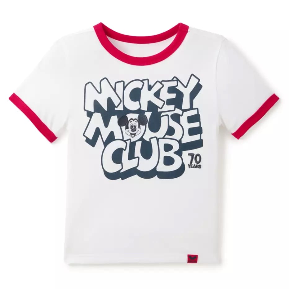 White T-shirt with red accents, “Mickey Mouse Club 70 Years” text, Mickey graphic; a Disney Store-Exclusive Spirit Jersey.