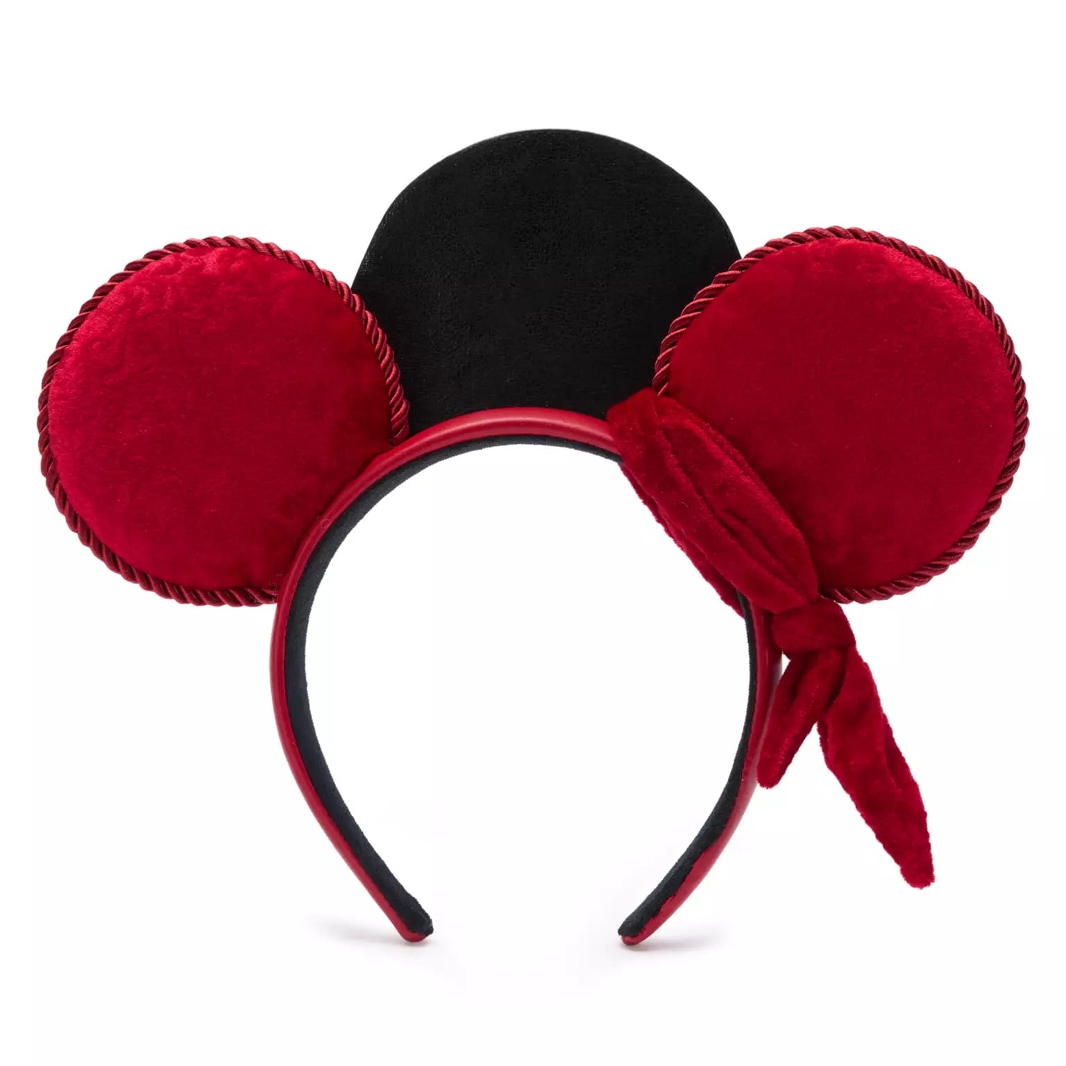 Disney Parks red and black ear headband with plush fabric, rope trim, and a red bow on the right side; classic park style.