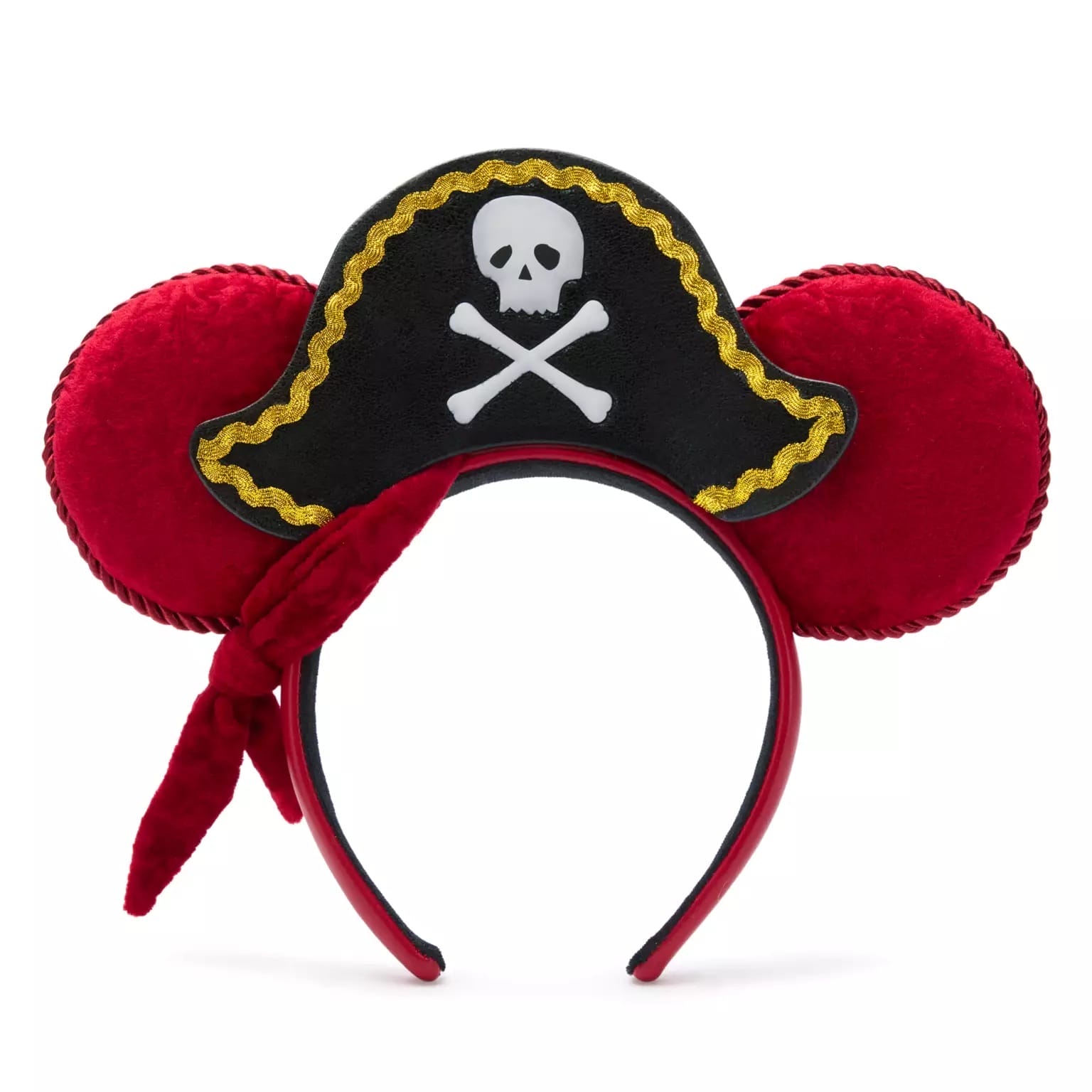 Red mouse ear headband with black pirate hat and gold trim, plus a red bandana—distinctly Disney, channeling park adventure vibes.