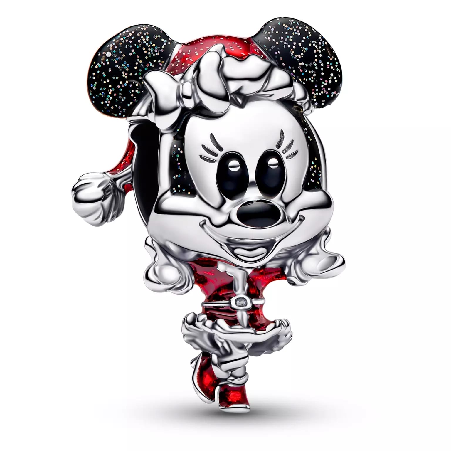 A festive Minnie Charm in a red Santa outfit with glittery black ears, reminiscent of holiday magic at Disney Parks worldwide.