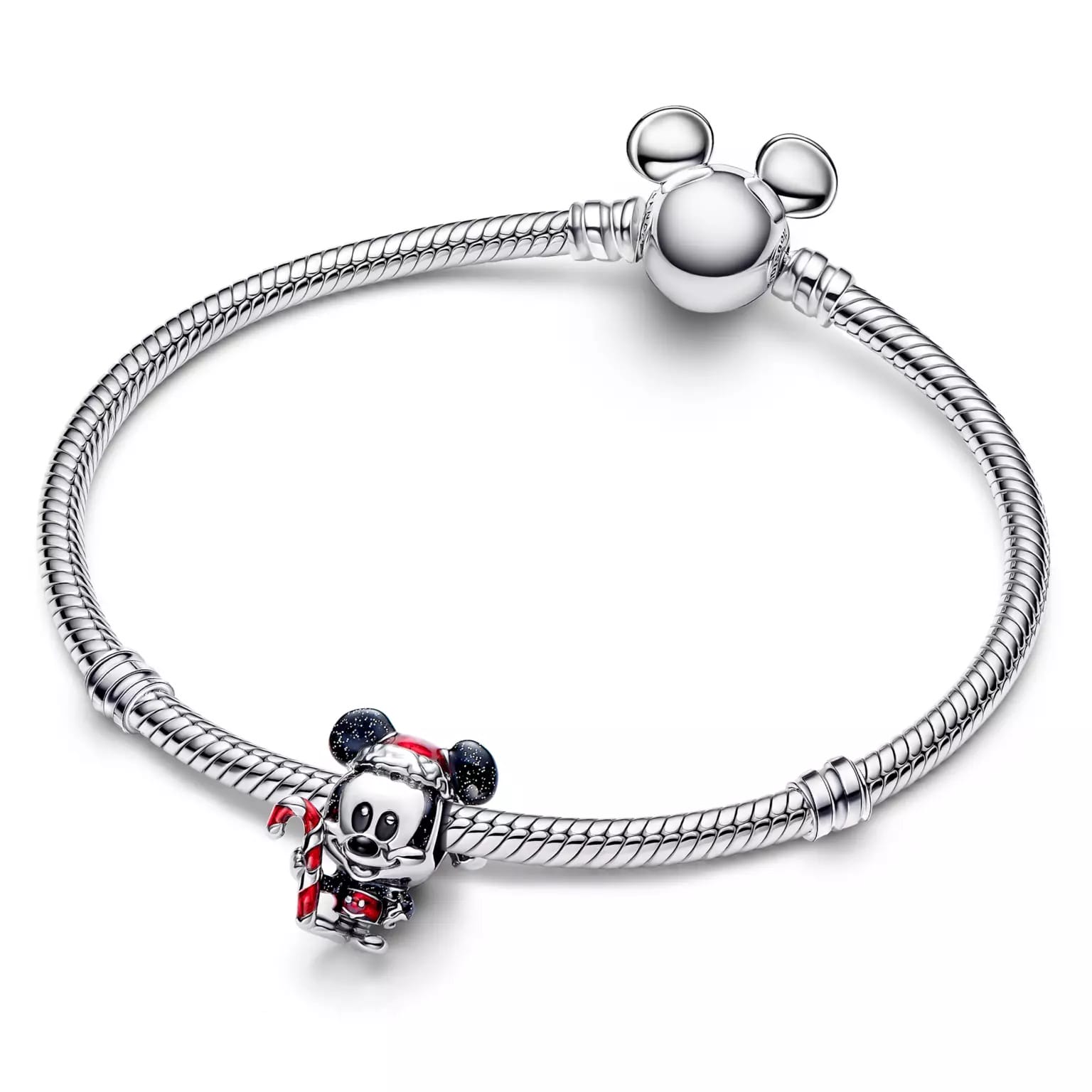 Silver Pandora bracelet with Santa Mickey charm holding a candy cane; matching clasp. Santa Mickey & Minnie charms, park exclusives online.