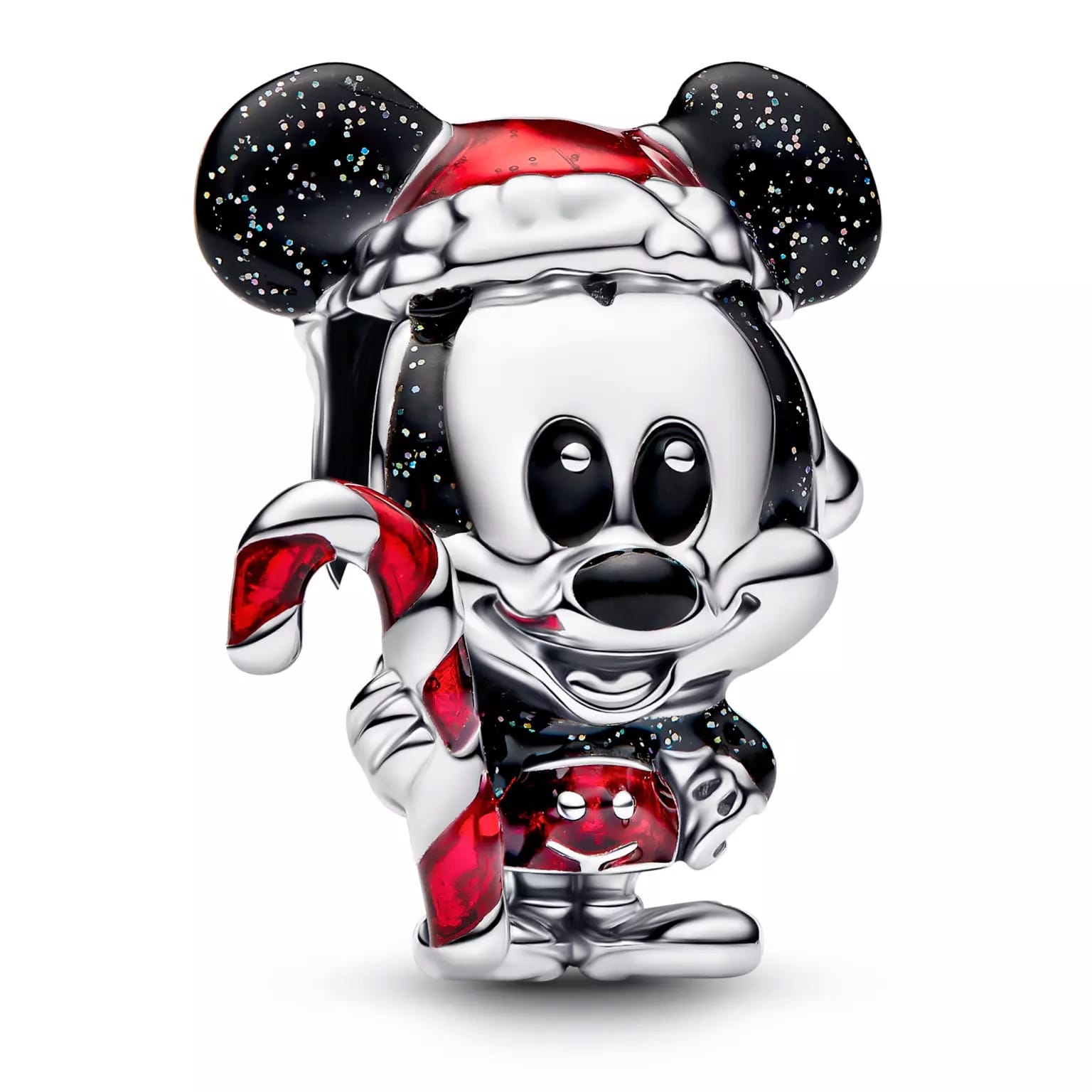 A festive Santa Mickey Pandora charm, with Mickey in a Santa hat and candy cane—perfect Disney Parks flair, no castle pictured.