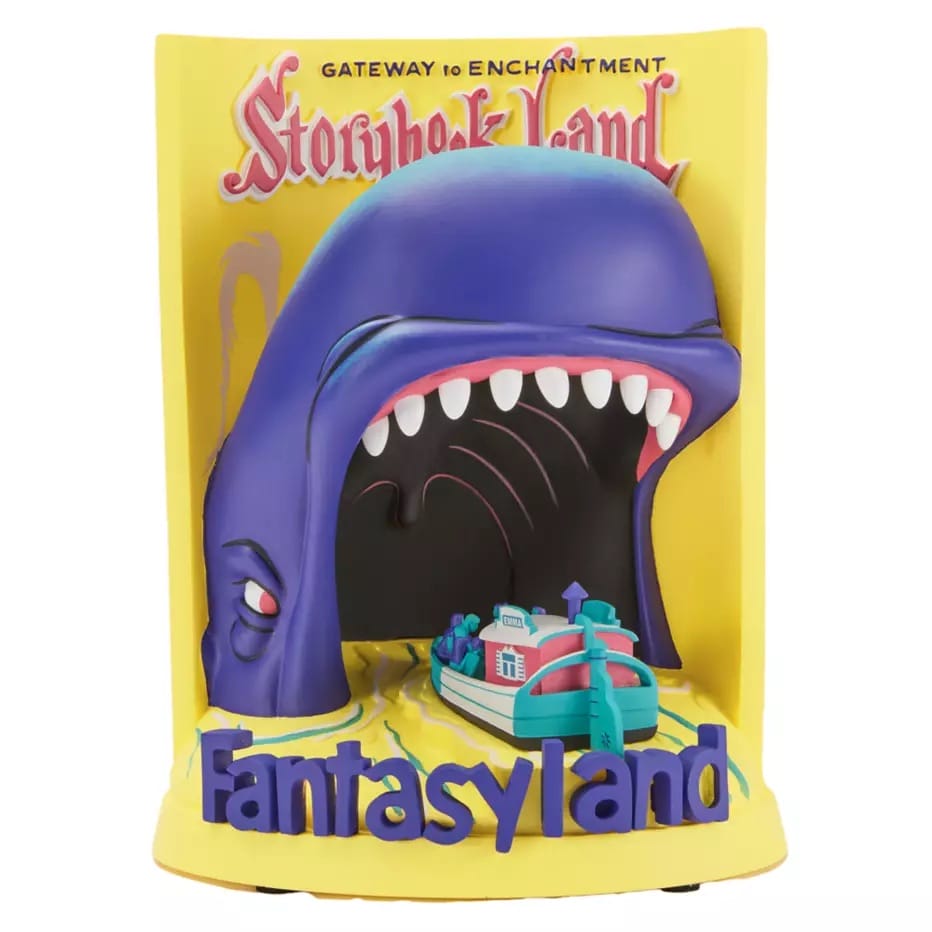Vibrant 3D Fantasyland Storybook Land entrance poster with boat sailing into whale’s mouth; no castle in view for comparison.