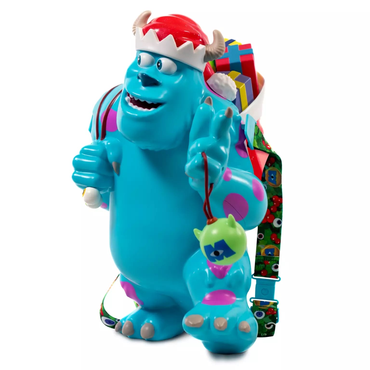 Blue monster figurine in a festive red hat holding gifts—ideal Disney Parks holiday merch, reminiscent of park-exclusive souvenirs.