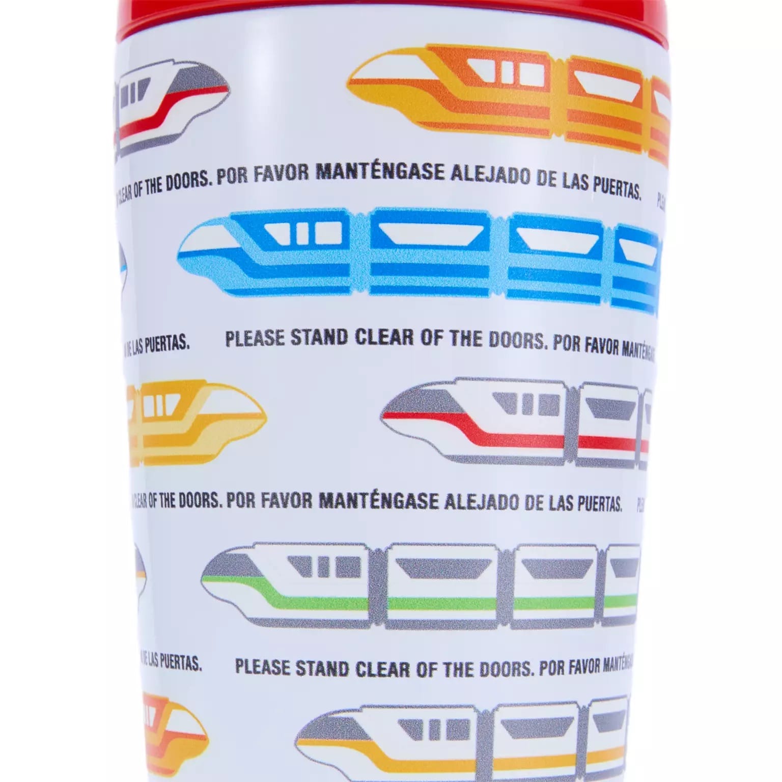 Vibrant Disney Park-style monorail art on white, ideal for a tumbler with “Please stand clear of the doors” in two languages.