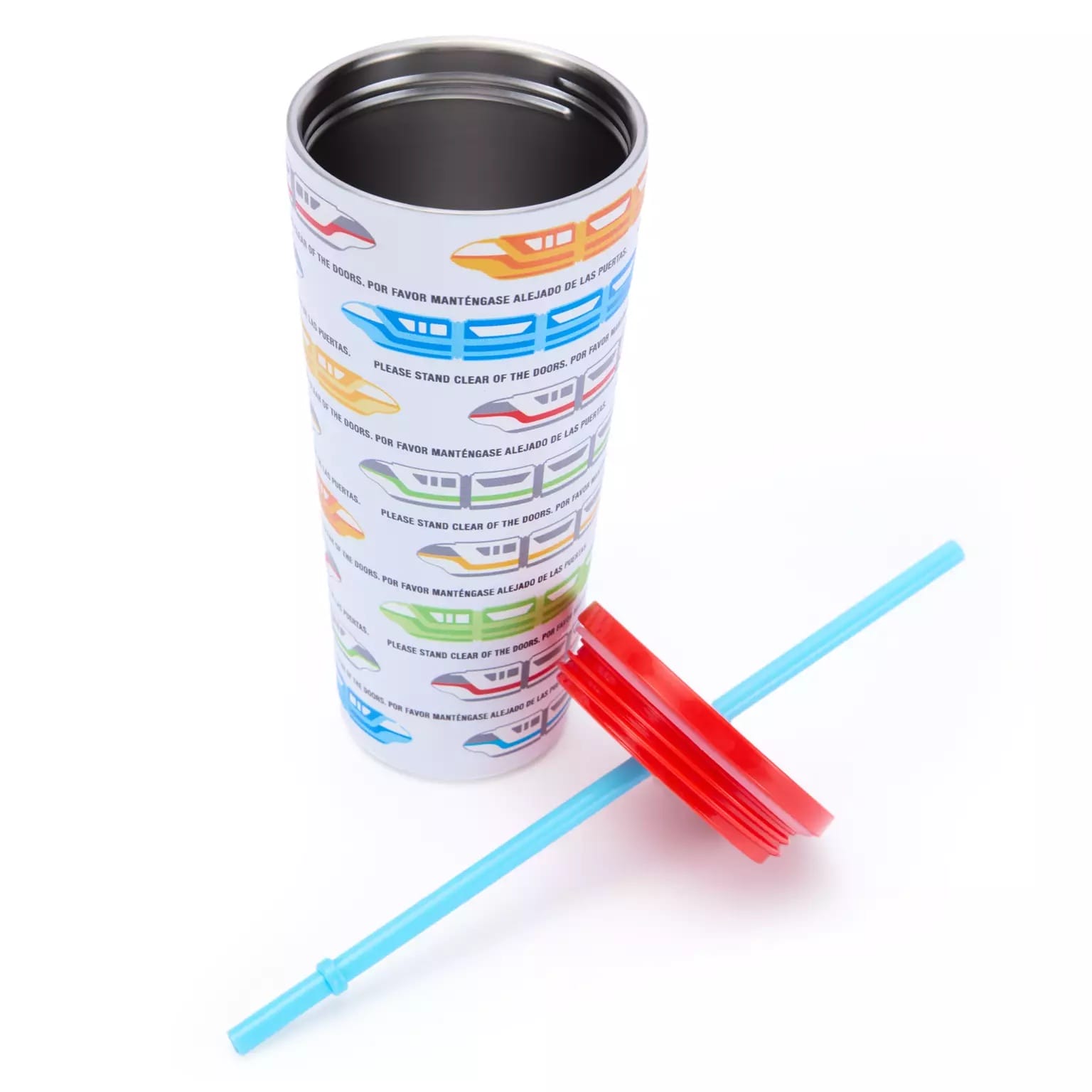 Sip in Disney style with this Monorail Tumbler, decorated with vibrant trains, a red lid, and a diagonal blue straw—park vibes!