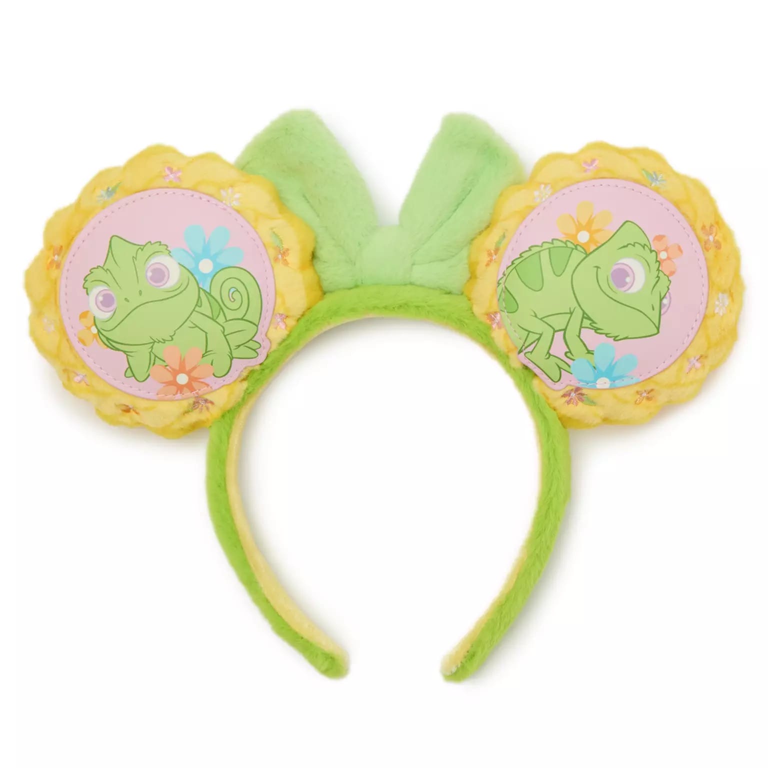 Green and yellow ear headband with plush chameleon ears, floral accents, and Loungefly-style design, seen at Disney parks worldwide.