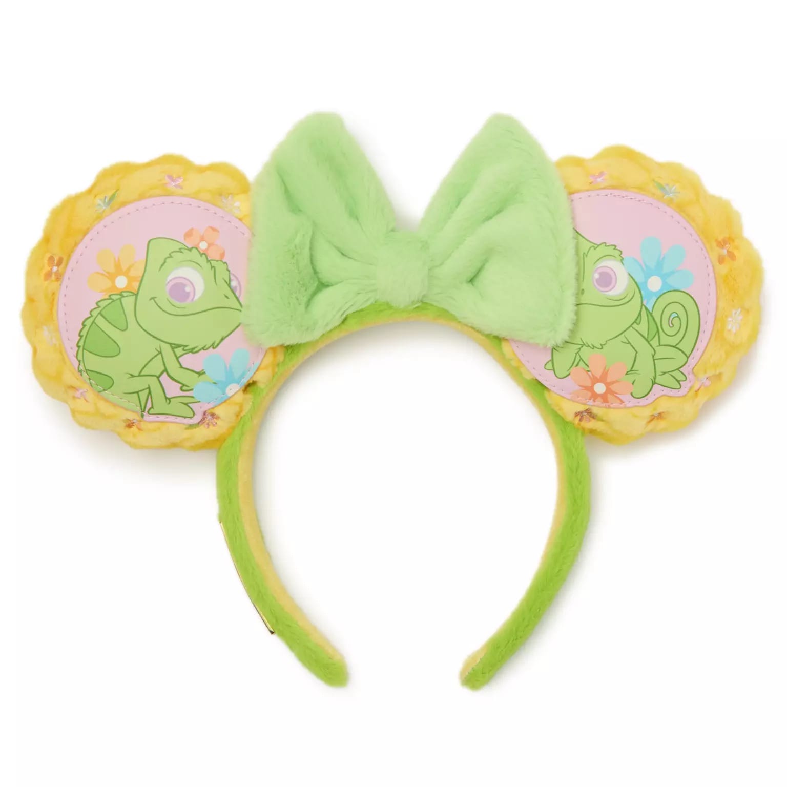 Green plush Loungefly headband with yellow scalloped ears, pastel Pascal prints, and a large green bow—perfect for Disney Parks.