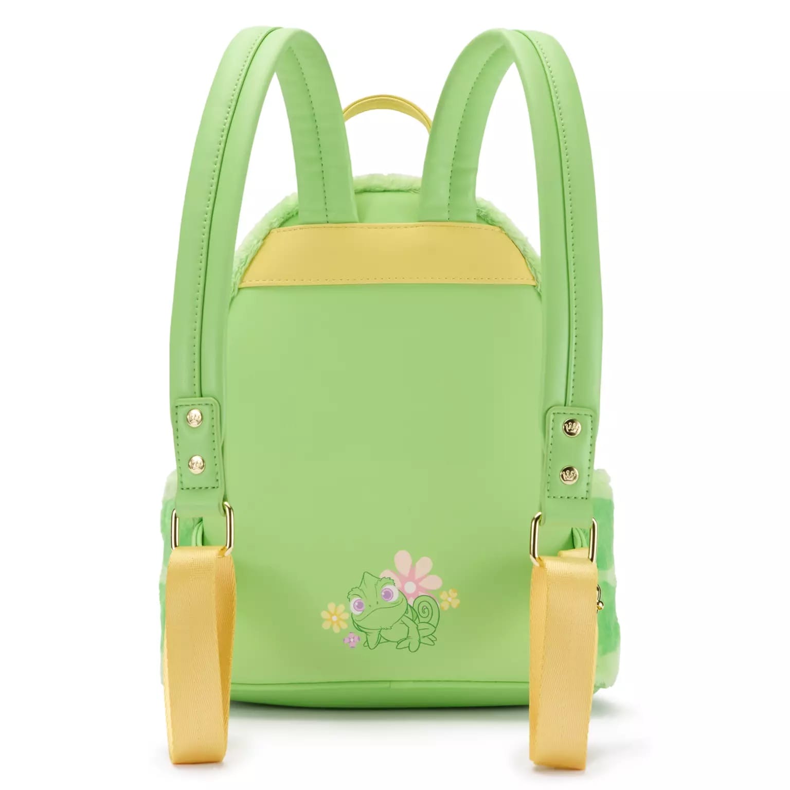 Light green mini backpack with yellow straps, featuring a cute Pascal chameleon and floral design, reminiscent of Disney parks merch.