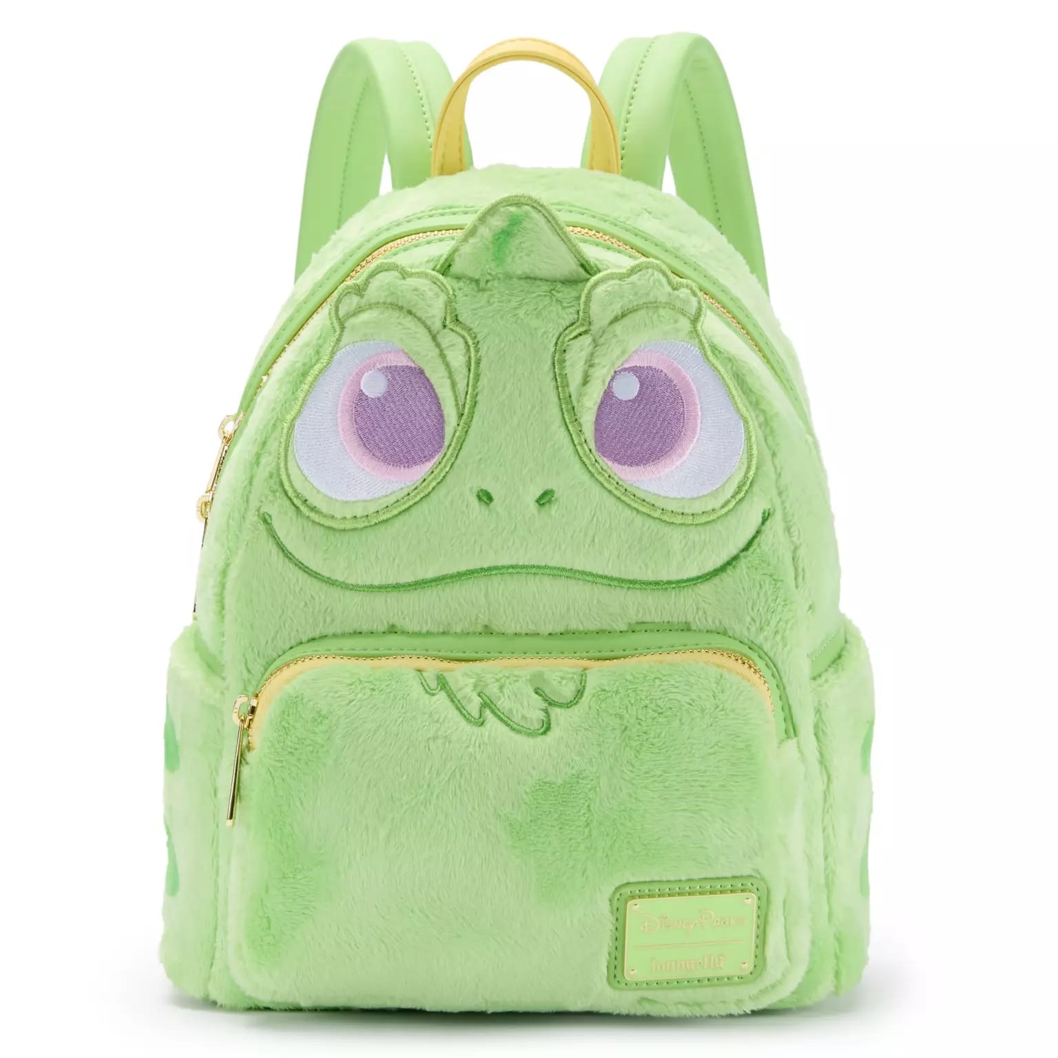 Plush green lizard-shaped mini backpack with big eyes, front pocket, and yellow zippers—perfect for a day at a Disney park.