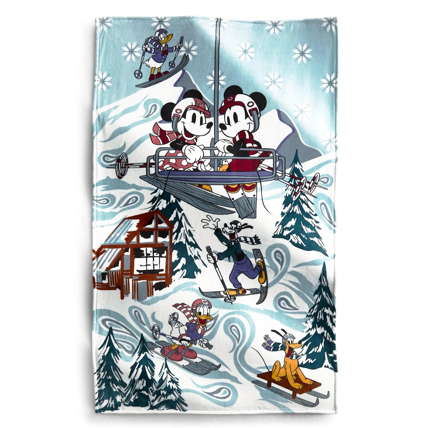 Mickey and friends enjoy a snowy mountain adventure at a Disney park, with Vera Bradley Ski Weekend gear—no castle shown.