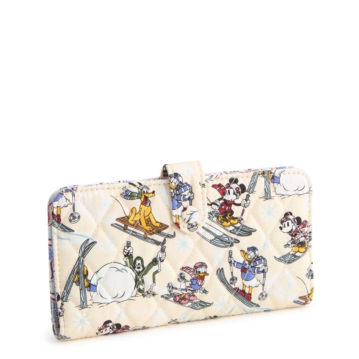 Beige wallet from Vera Bradley’s Ski Weekend Mickey & Friends Collection, showing Disney pals skiing in the snow; no castle seen.