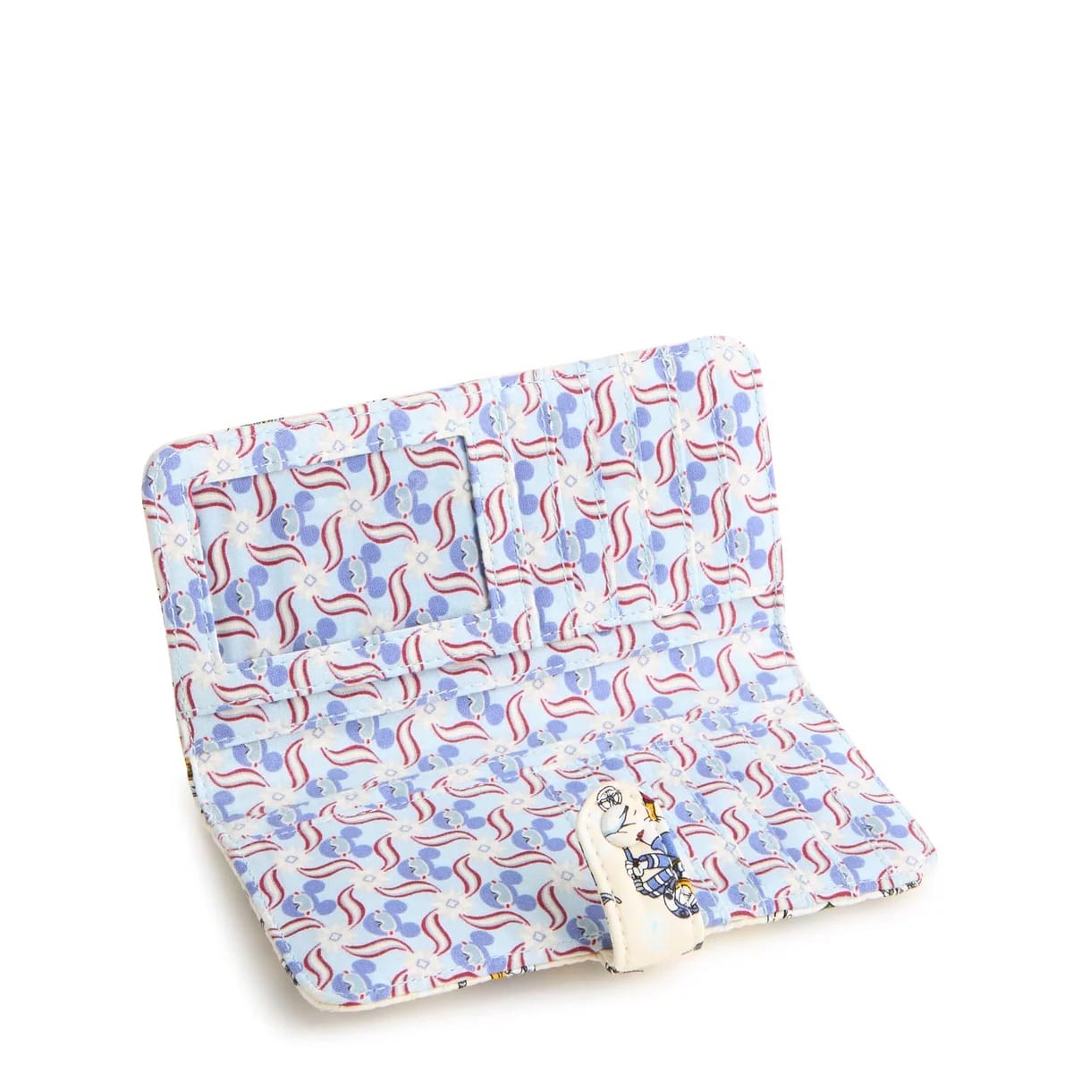 Foldable, padded changing mat from the Vera Bradley Mickey Friends Collection, featuring Disney park-inspired playful patterns and an attached toy.