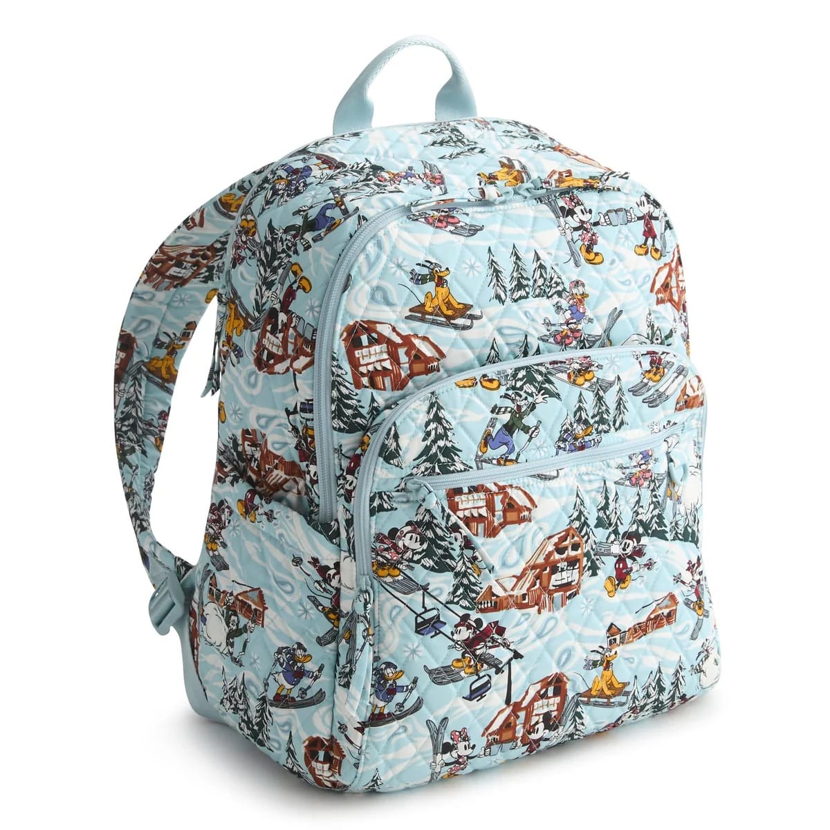 Light blue Disney Parks backpack with winter ski resort scene and beloved characters, featuring several zippered compartments.