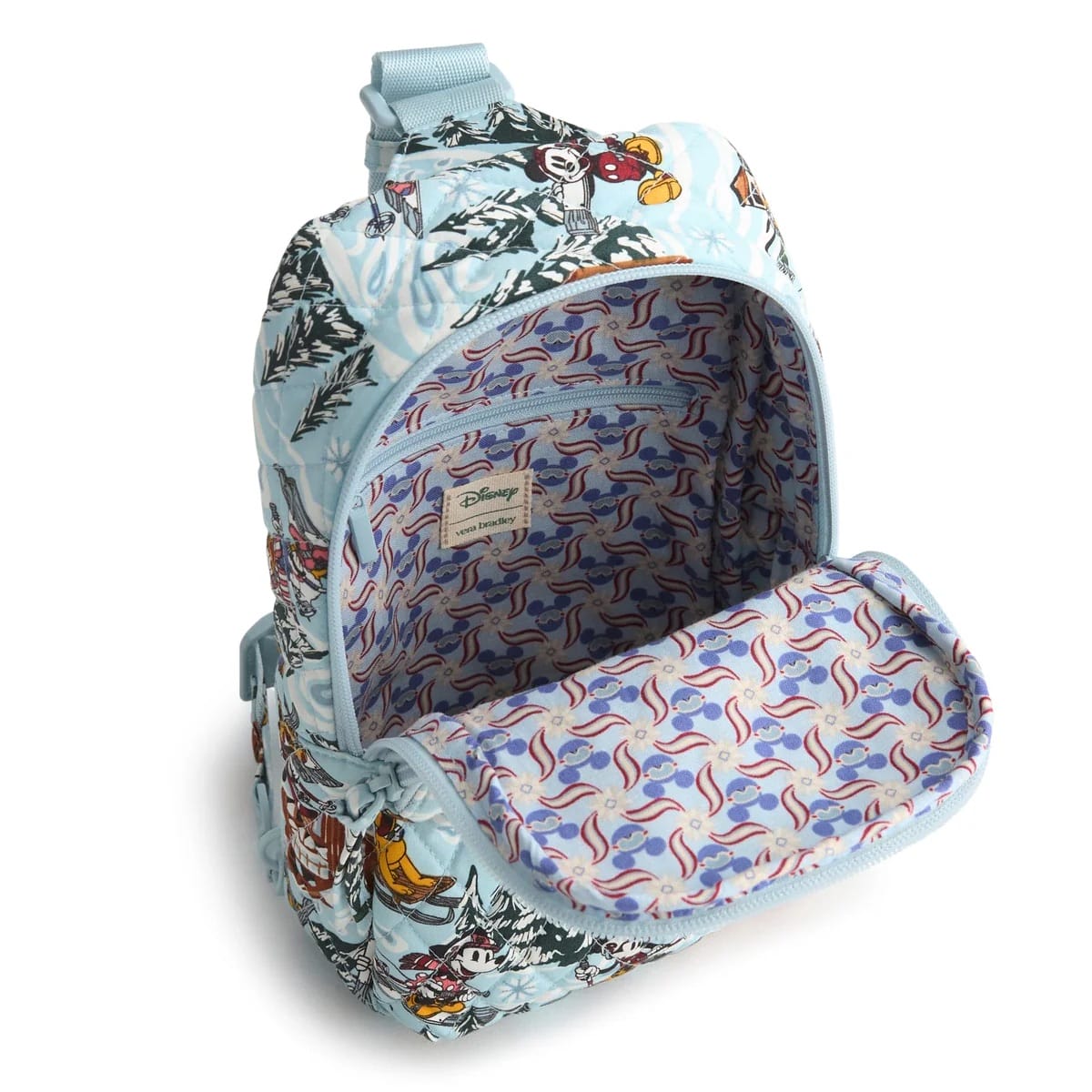Light blue Disney backpack from the Ski Weekend Collection with purple and blue Vera Bradley lining, perfect for your Disney park visit.