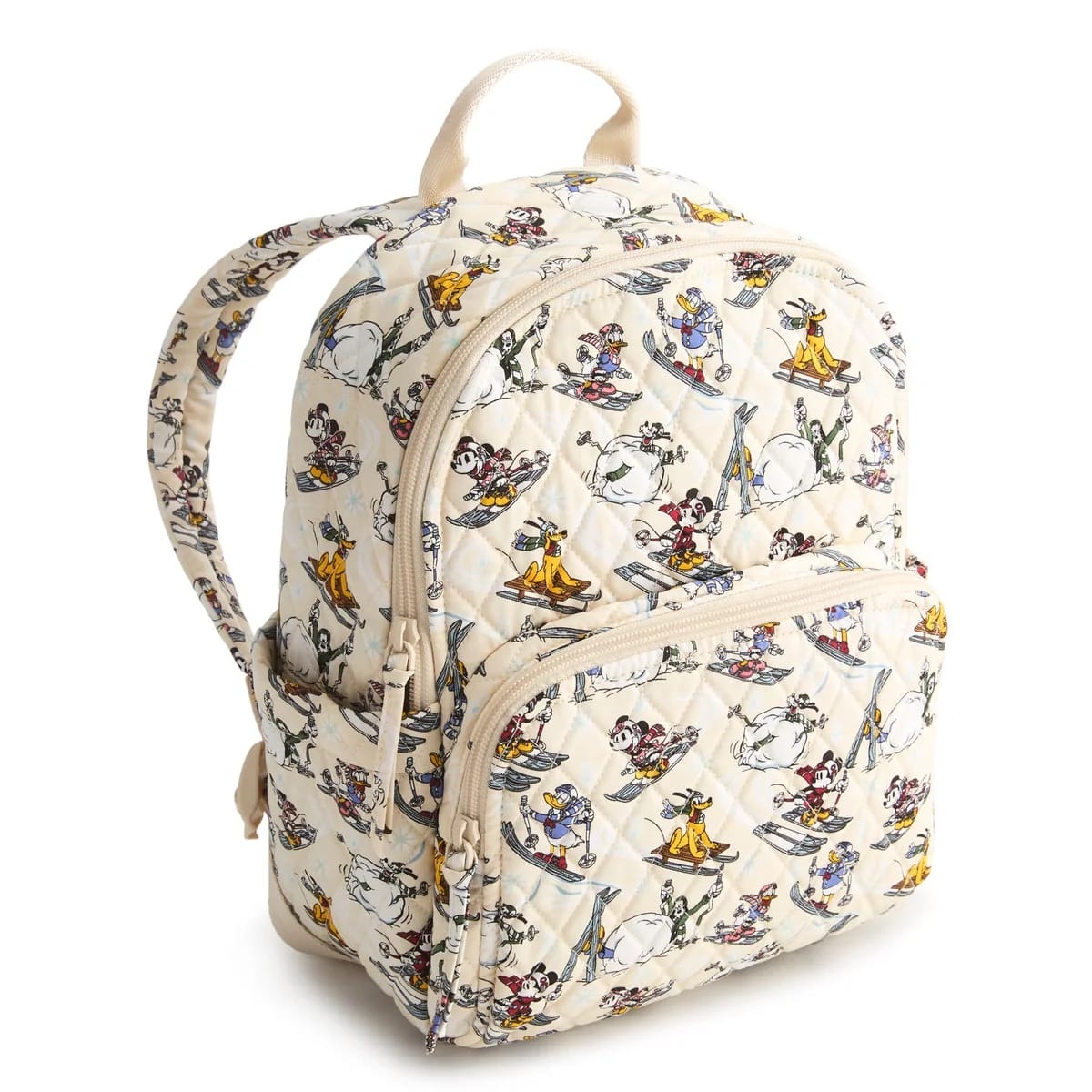 Cream quilted Vera Bradley backpack featuring Disney characters skiing and snowboarding, reminiscent of winter fun at Disney Parks.