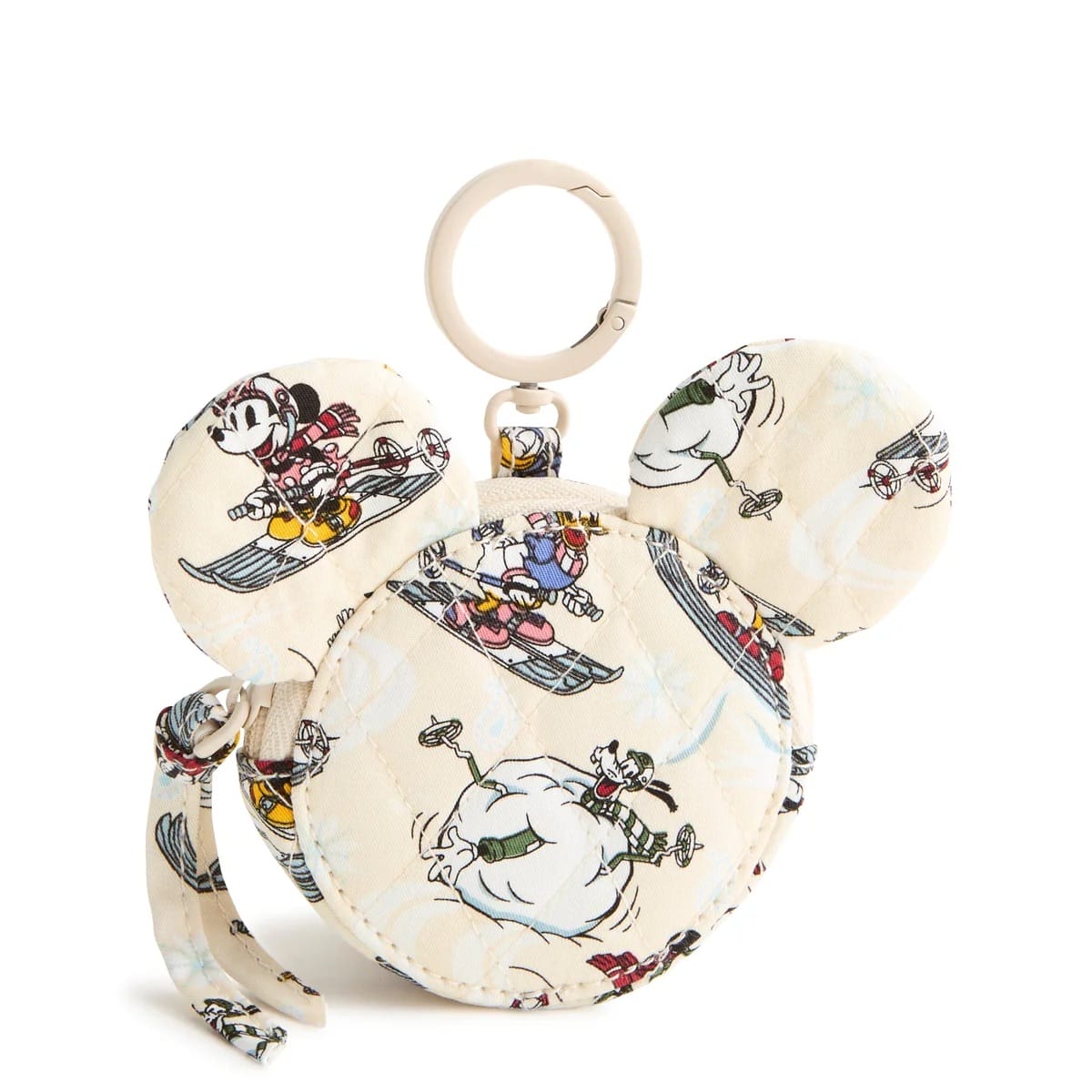 Cream Mickey Mouse-shaped pouch with winter sports print, keyring, wrist strap, and Vera Bradley x Disney design—no castle shown.
