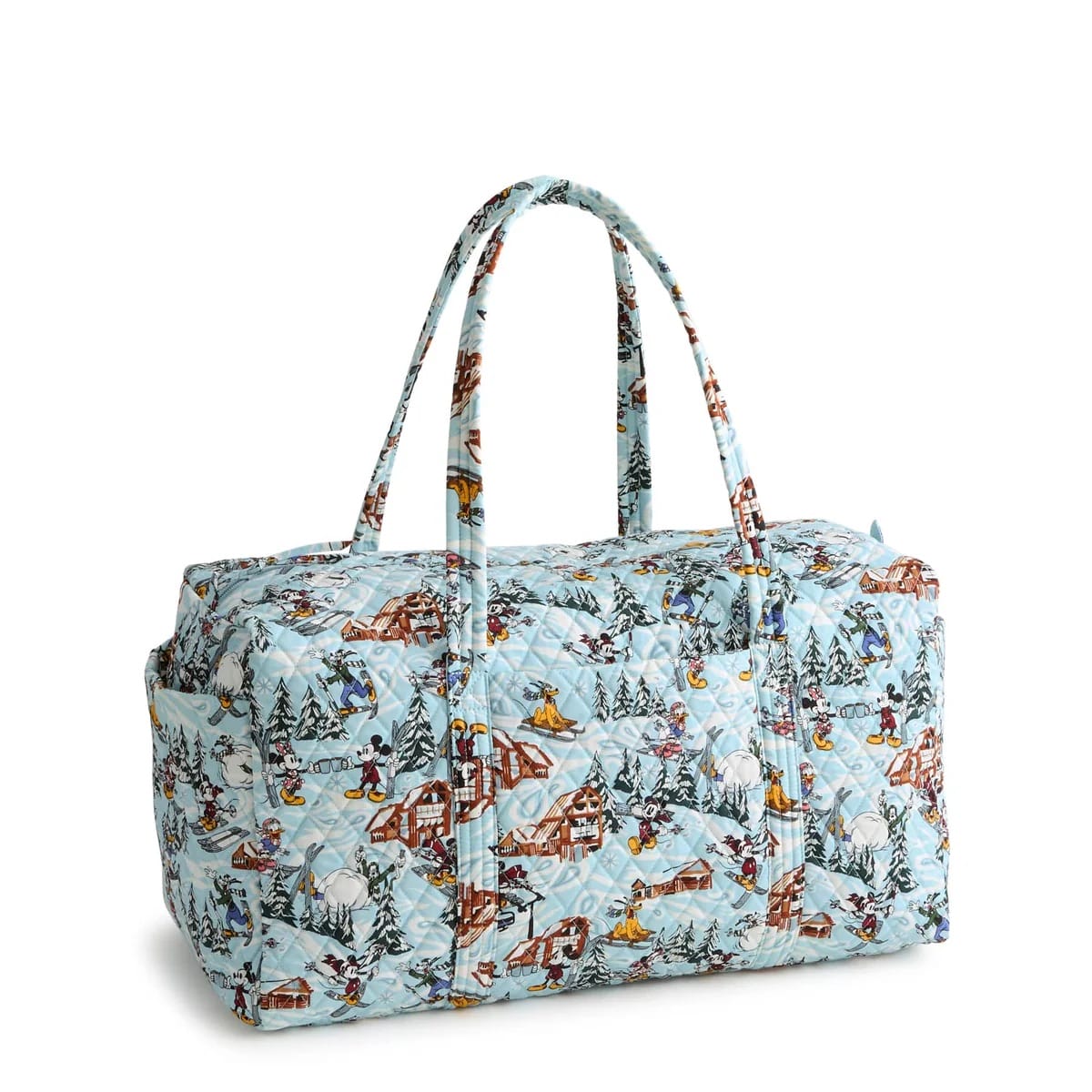Quilted duffel bag from the Ski Weekend Collection shows a winter village and skiing scene on light blue, not a Disney castle.