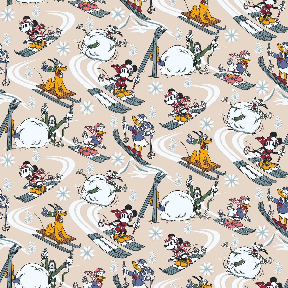 Cartoon Disney characters skiing and sledding on a beige background, inspired by Disney Park winter fun from Vera Bradley's Ski Weekend Collection.