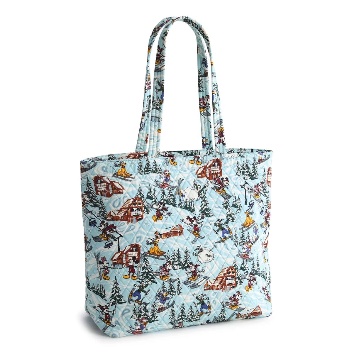 Light blue quilted tote from the Ski Weekend Collection, featuring winter cabin, skiers, and snowy trees—not Disney castle imagery.
