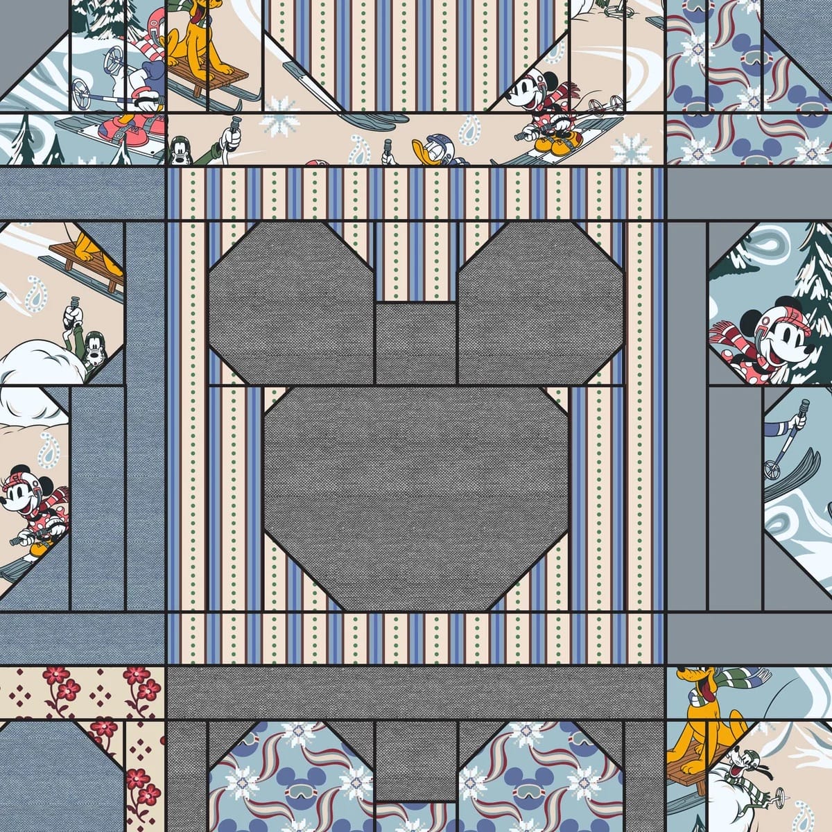A quilt from the Ski Weekend Collection with Disney characters skiing and a gray Mickey head, evoking classic Disney park fun.