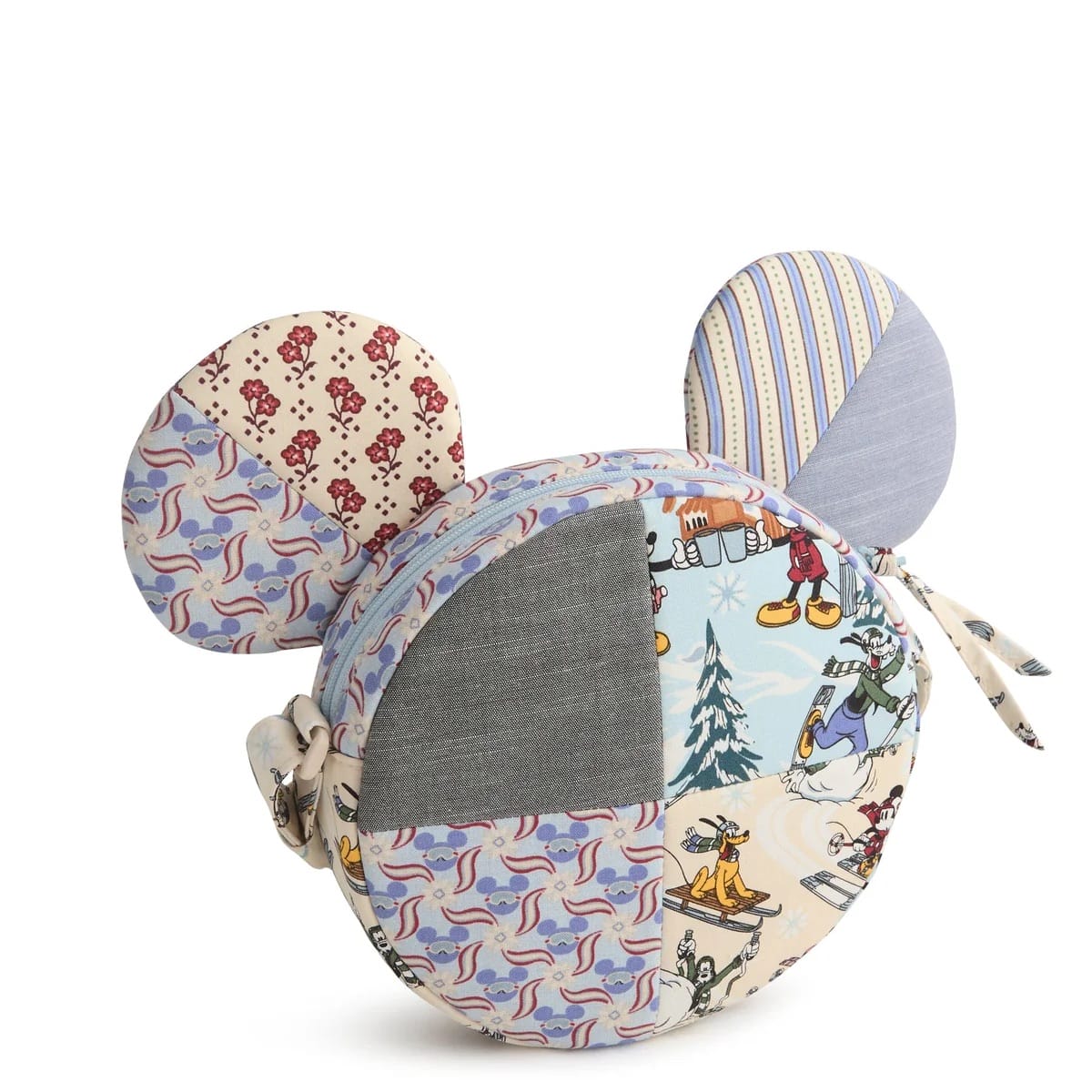 Colorful patchwork bag with Mickey & Friends ear shapes and a side zipper, from Vera Bradley x Disney—park style flair, no castle shown.
