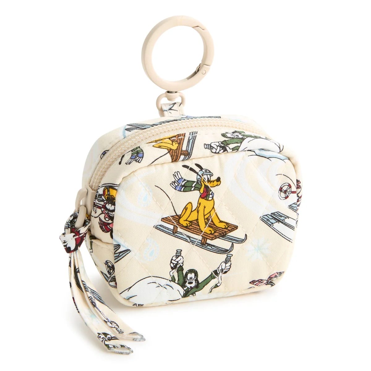 Small Vera Bradley pouch with keyring, Mickey & Friends skiing and snowboarding on cream—captures Disney Parks winter magic vibes.