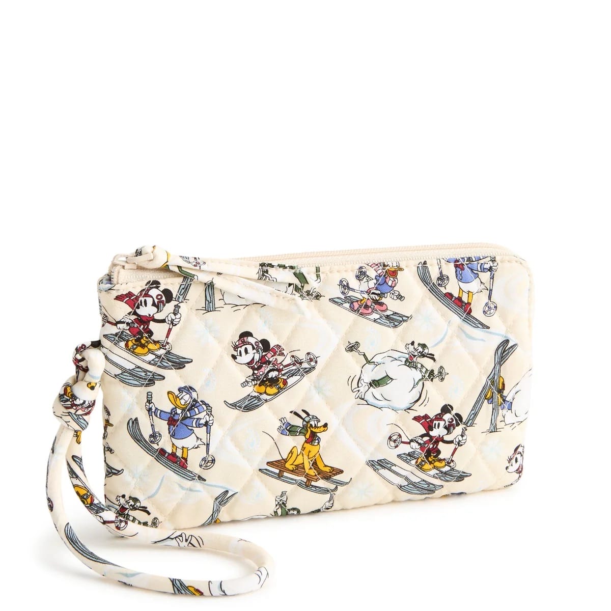 Quilted wristlet pouch from Vera Bradley’s Disney Parks collection with Mickey & Friends skiing, no park castle featured.
