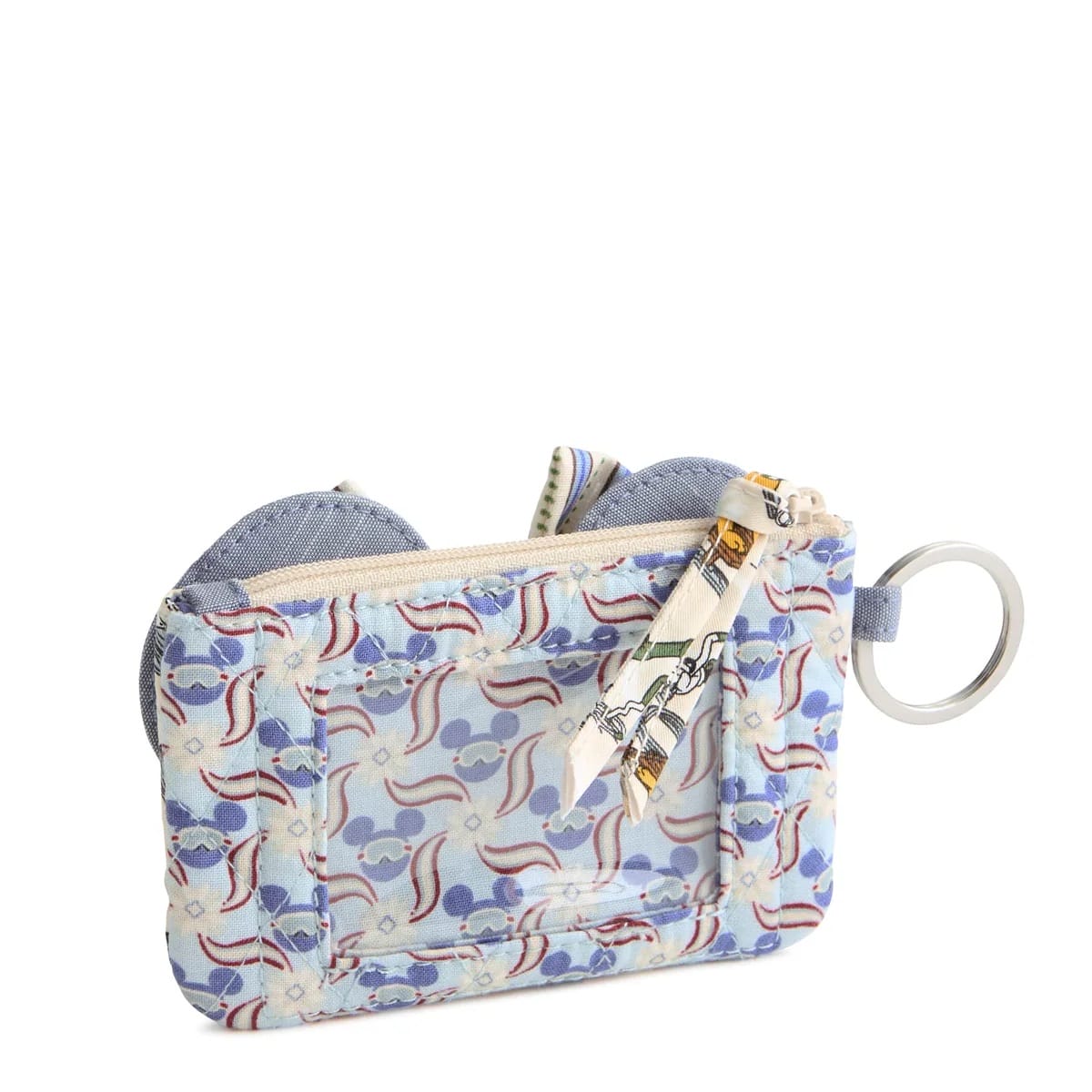 Small blue and white Vera Bradley zip pouch with clear ID window, keyring, and zipper pull, perfect for Disney park essentials.