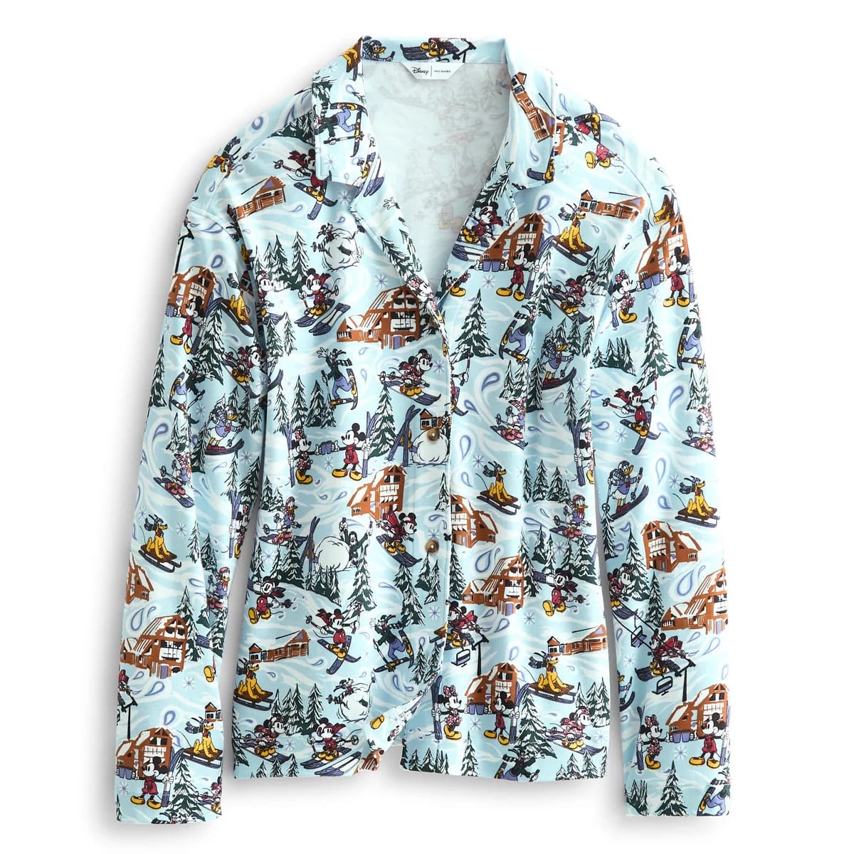 Light blue pajama top from the Vera Bradley Mickey & Friends Collection, featuring a Disney ski resort pattern reminiscent of park winter fun.