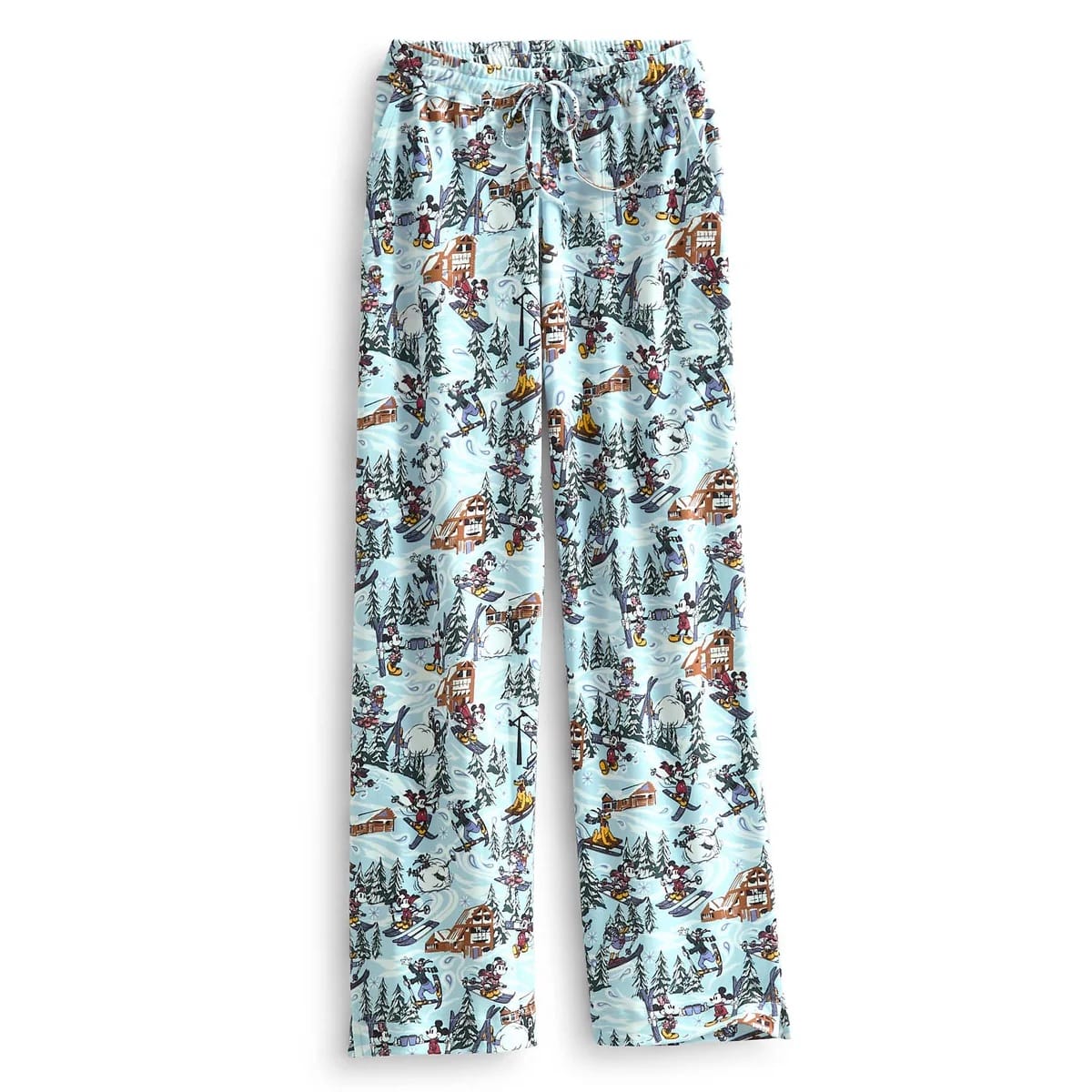 Light blue Vera Bradley pajama pants with a winter skiing and snowboarding scene, much like a cozy Disney park in wintertime.