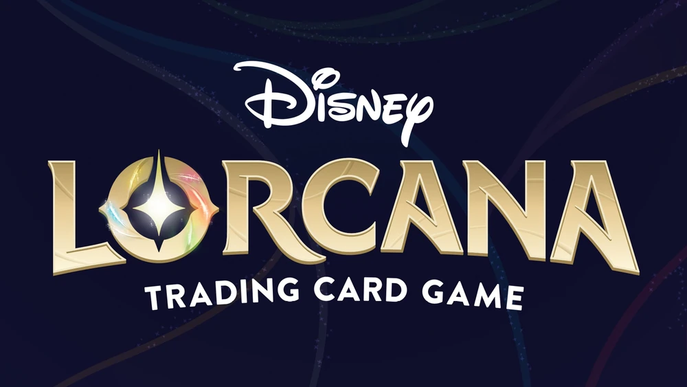 Disney Lorcana Trading Card Game logo in gold and white, Gargoyles motif, on a background as vivid as Magic Kingdom’s nightly skies.